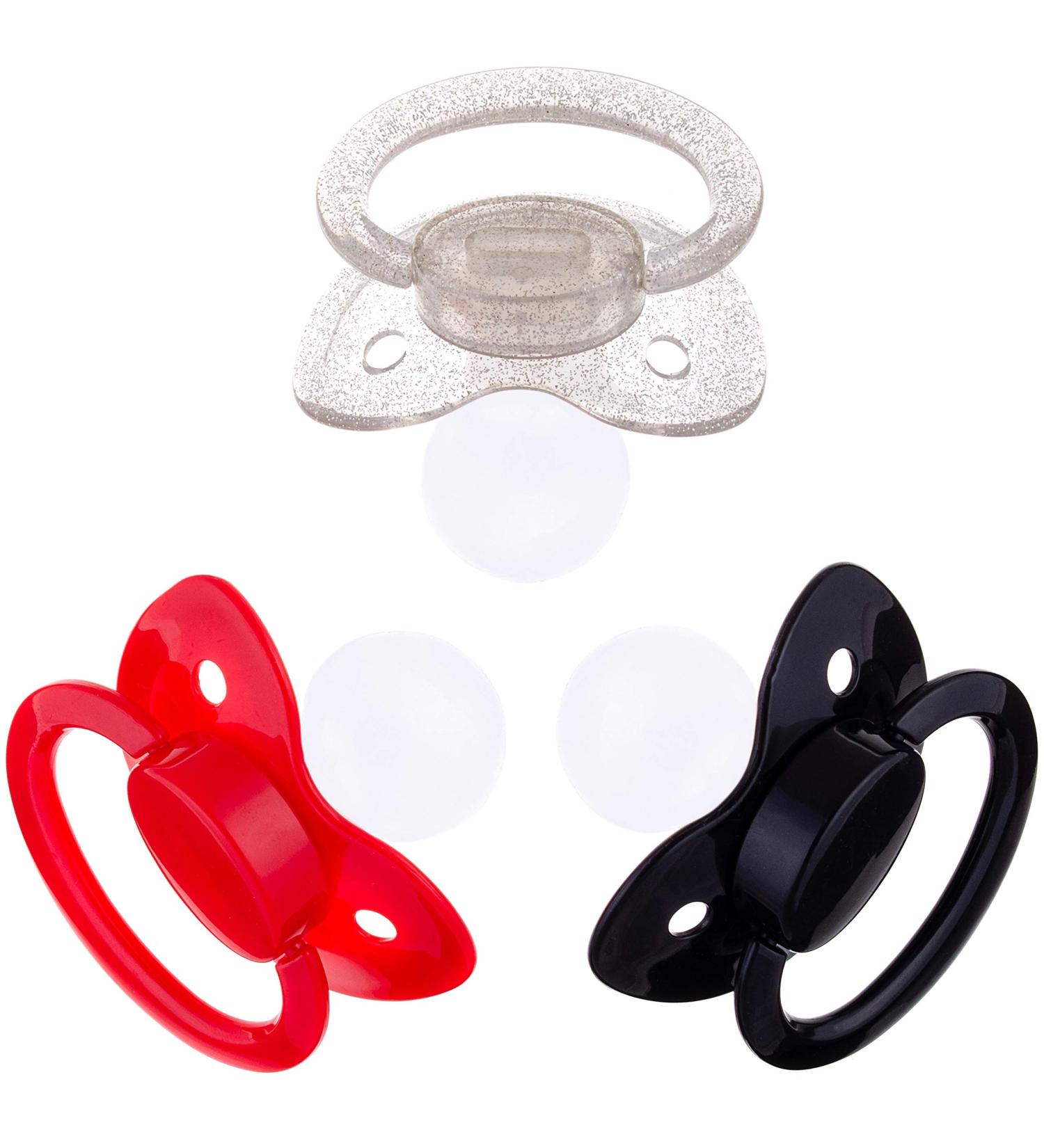 J&Or Classic Original Adult Pacifier Dummy - 3 Color Pack: Transparent Glitter, Black Mamba, Mad Red - Buy Online on GoSupps.com
