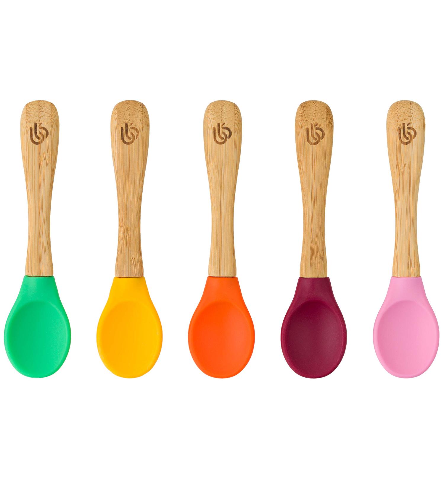bamboo bamboo Baby Weaning Spoons Set of 5 | Bamboo with Soft Silicone Tips | Ergonomic Easy Grip Handles | BPA-Free (Set of 5) Without Blue