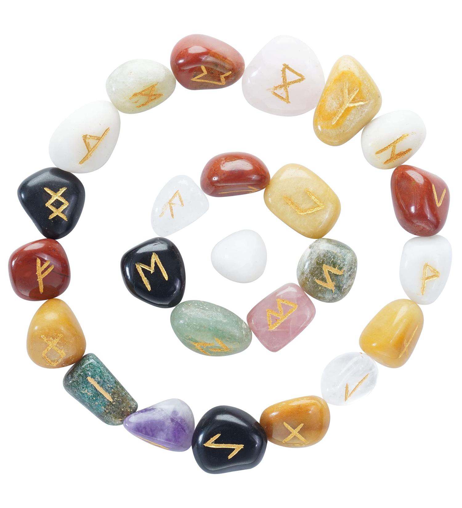 Chakra Elder Futhark Alphabet Engraved Rune Stones Set - 25 pcs | Spiritual Metaphysical Decor for Feng Shui, Reiki, Crystal Healing | 15-20 mm Size with Pouch - Buy Online on GoSupps.com