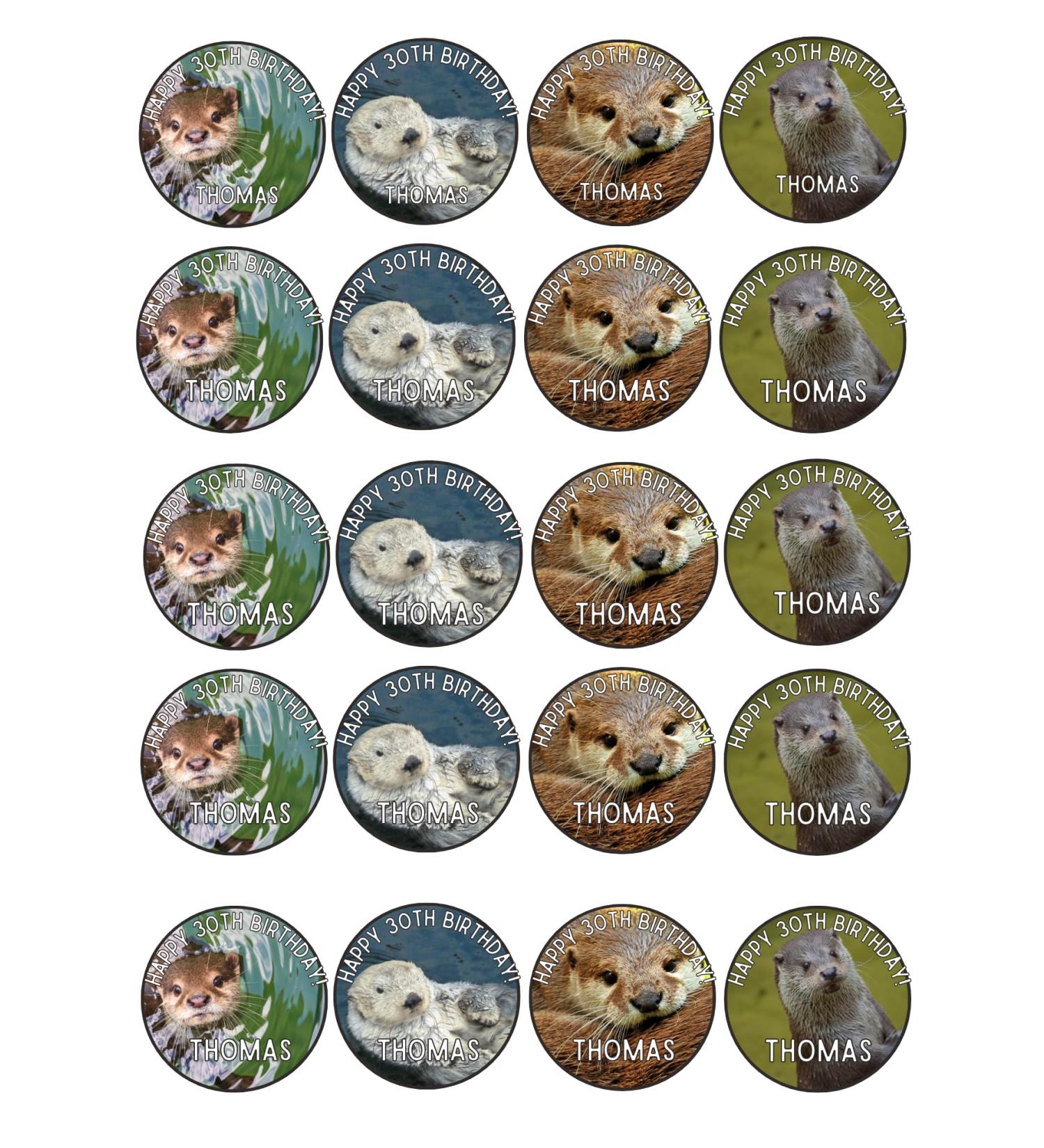 edible 20 x Animal OTTER Personalised cupcake toppers UNCUT (ICING PAPER)