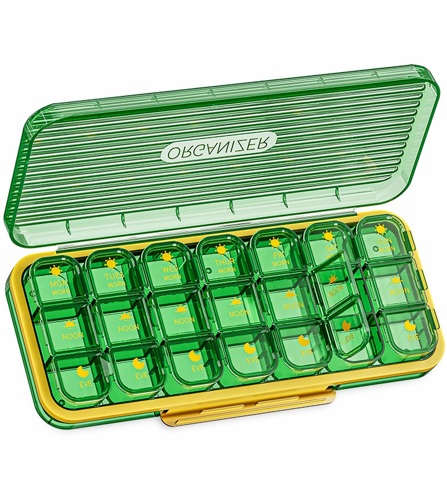 Weekly Pill Organizer 3 Times A Day - AM PM 7 Day Medicine Box Large Travel Case for Vitamins & Supplements (Green - Buy Online on GoSupps.com
