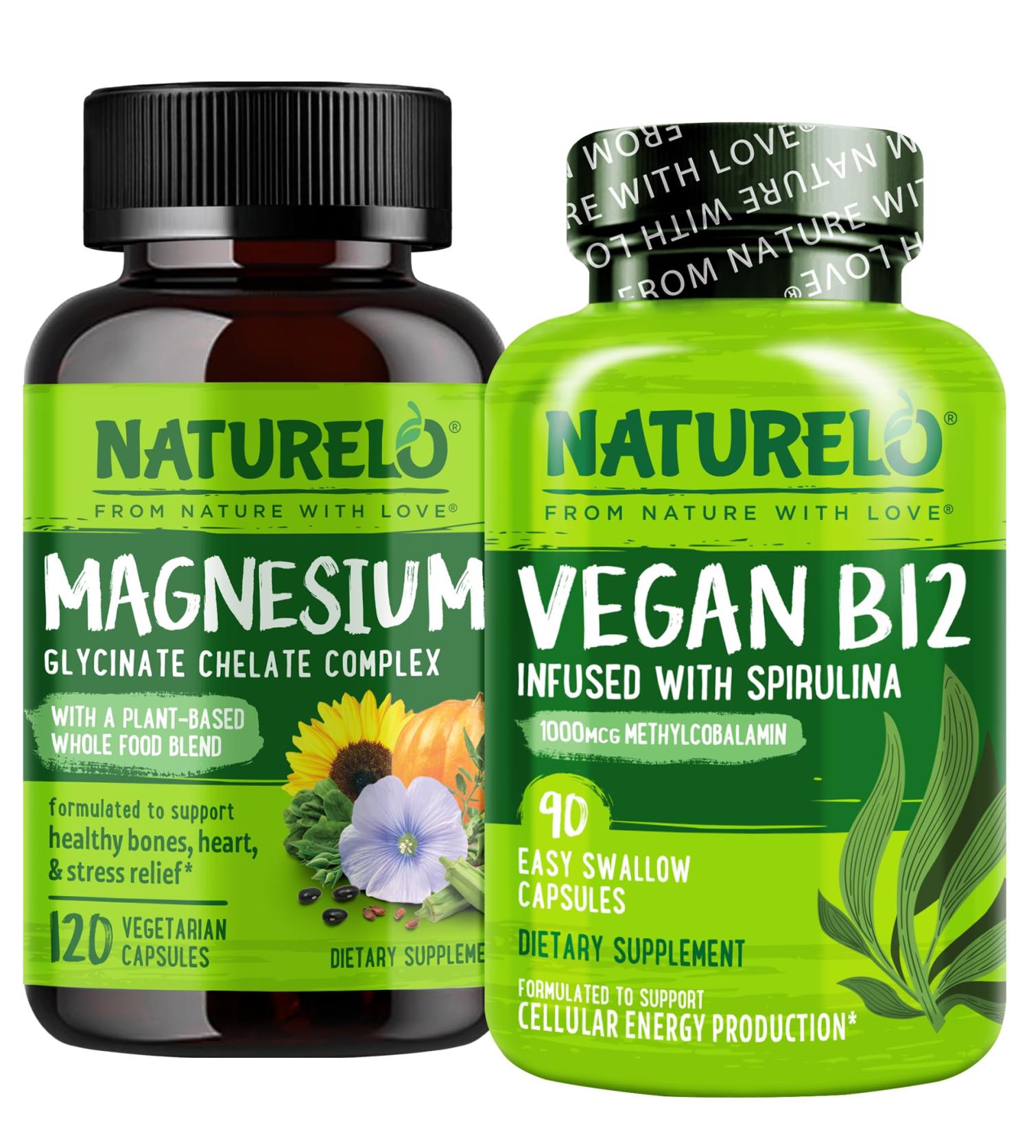 NATURELO Vegan B12 - Methyl B12 with Organic Spirulina - 90 Capsules and Magnesium Glycinate Chelate Complex - 120 Capsules Bundle - Buy Online on GoSupps.com
