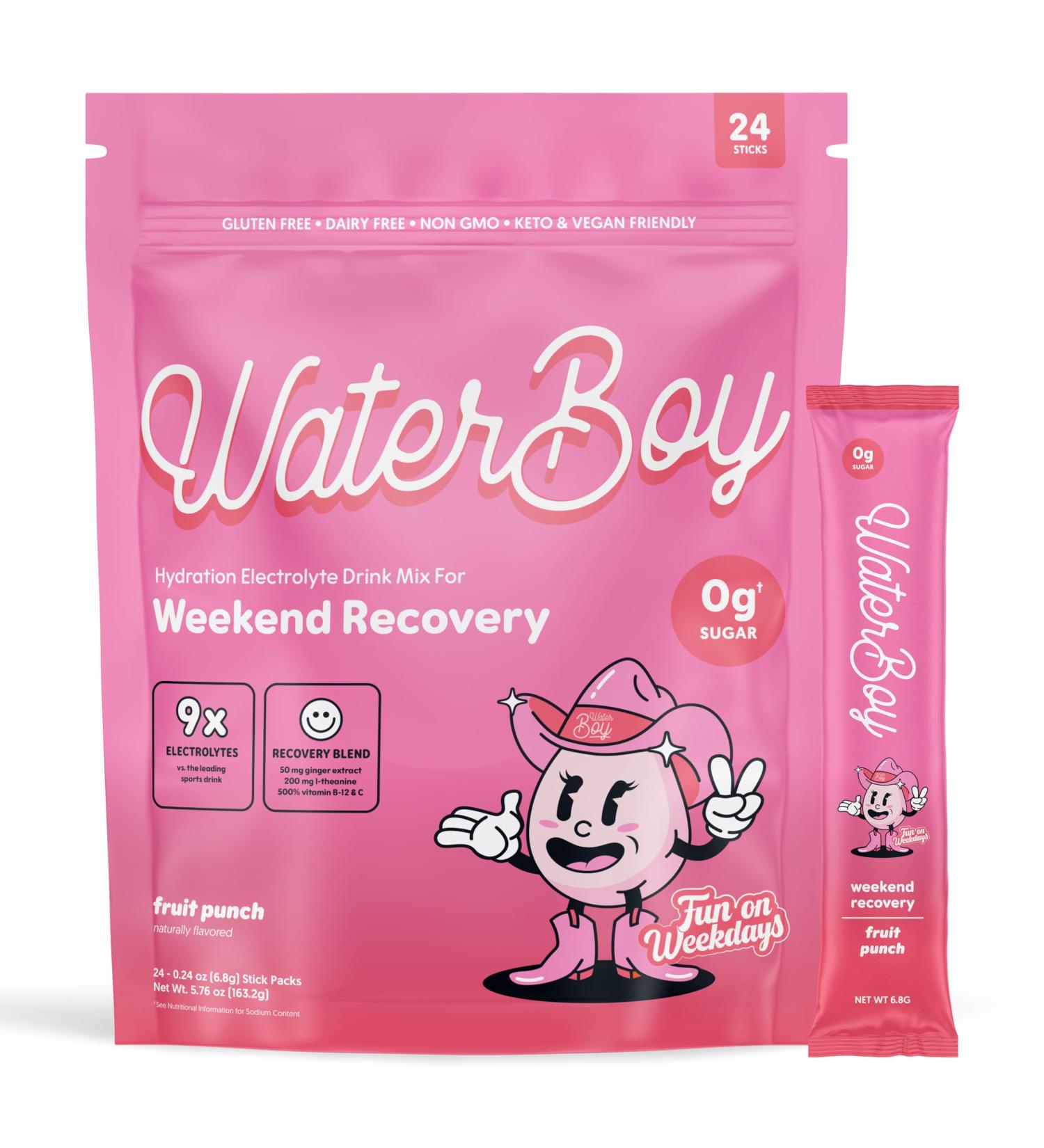 Waterboy Weekend Recovery x FOW | 3 200mg Electrolyte Powder Packets | Sugar-Free All Natural & Gluten Free | 24 Fruit Punch Drink Mixes with Ginger & L-Theanine - Buy Online on GoSupps.com