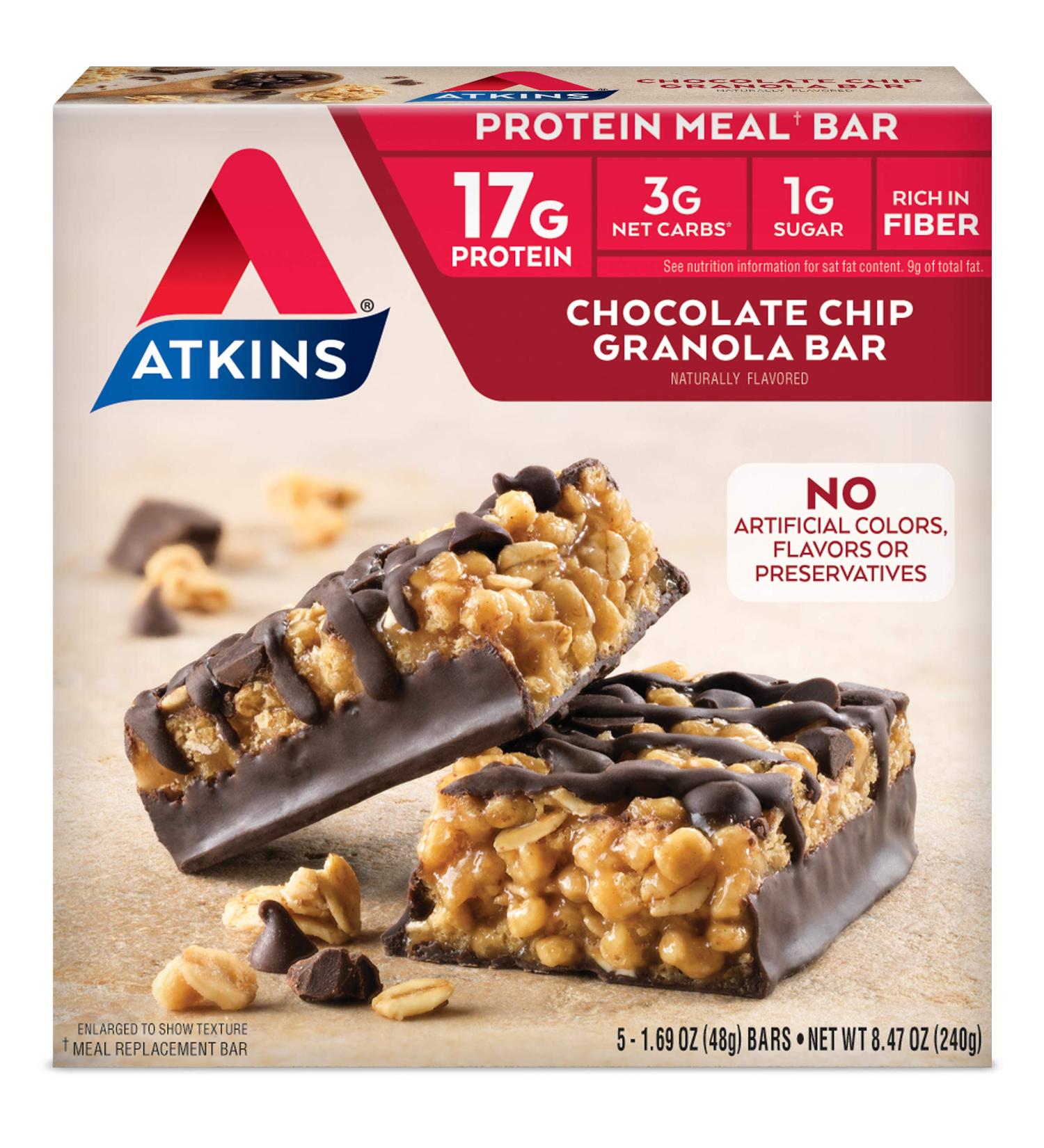 Atkins Protein Meal Bar - Keto Friendly Chocolate Chip Granola (5 Count) for Healthy Energy & Weight Loss - Buy Online on GoSupps.com