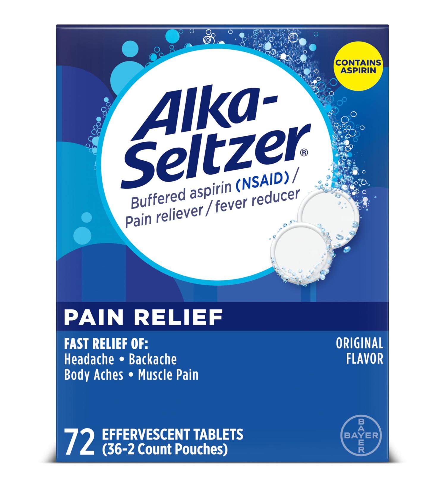 Alka-Seltzer Pain Relief Aspirin Effervescent Tablets for Fast Pain Relief 72 Ct - Buy Online on GoSupps.com