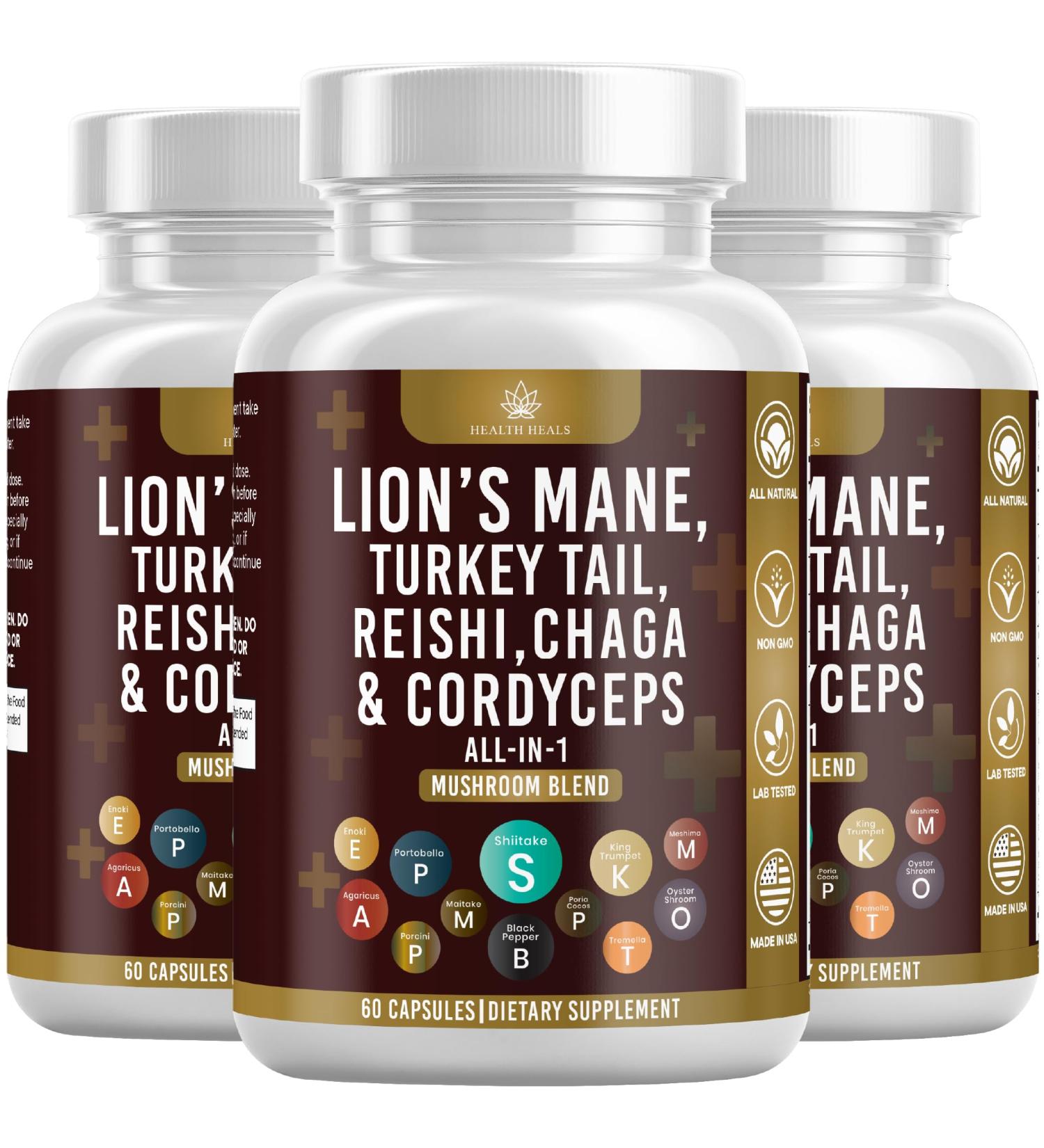 Mushroom Supplement with Lion's Mane Turkey Tail Reishi Cordyceps Chaga Marshmallow Root - 180 Count 180 Capsules (Pack of 3) - Buy Online on GoSupps.com