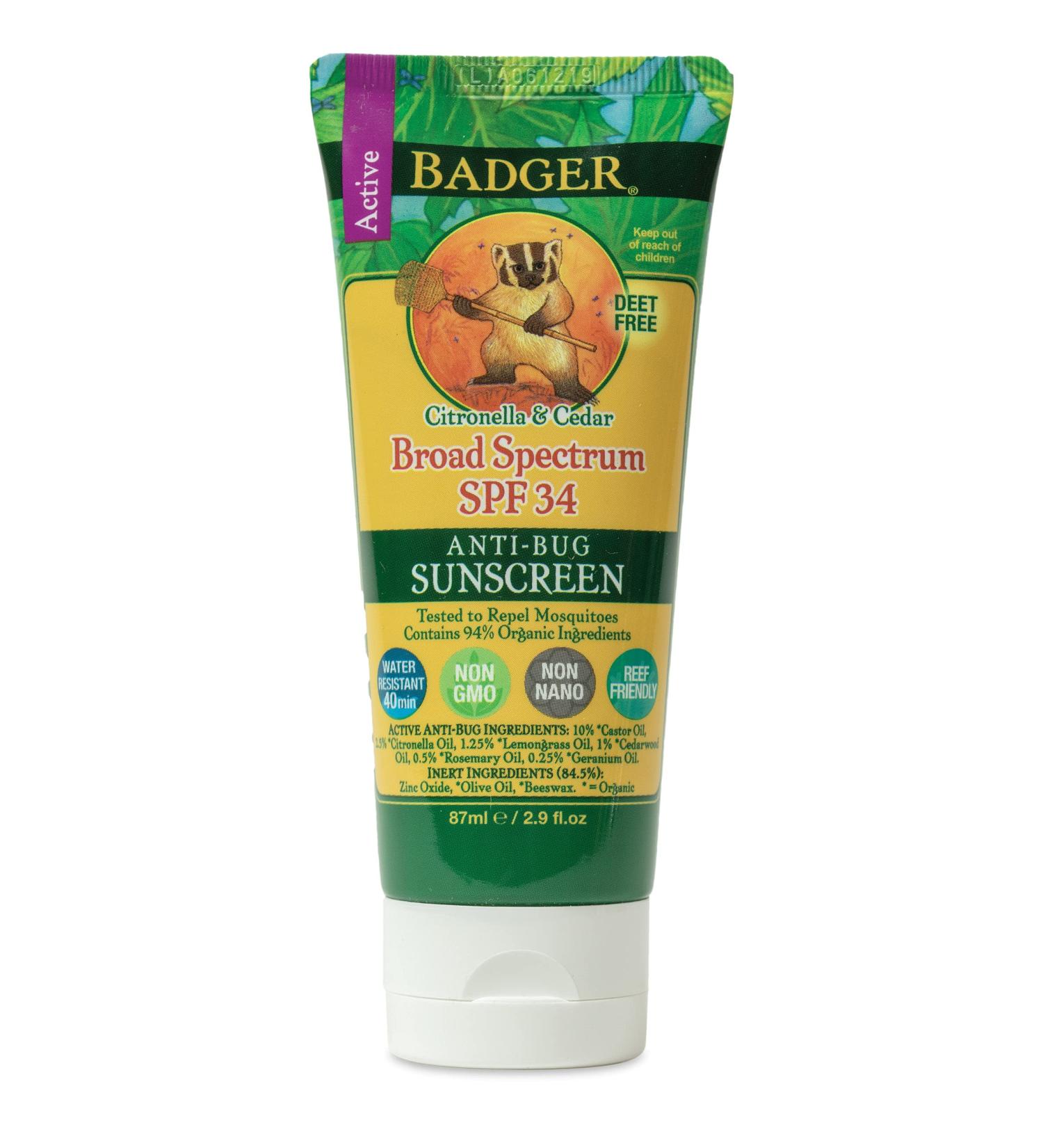 Badger Anti-Bug Sunscreen SPF 34 PA+++ | Citronella & Cedar | 2.9 fl oz - Buy Online on GoSupps.com