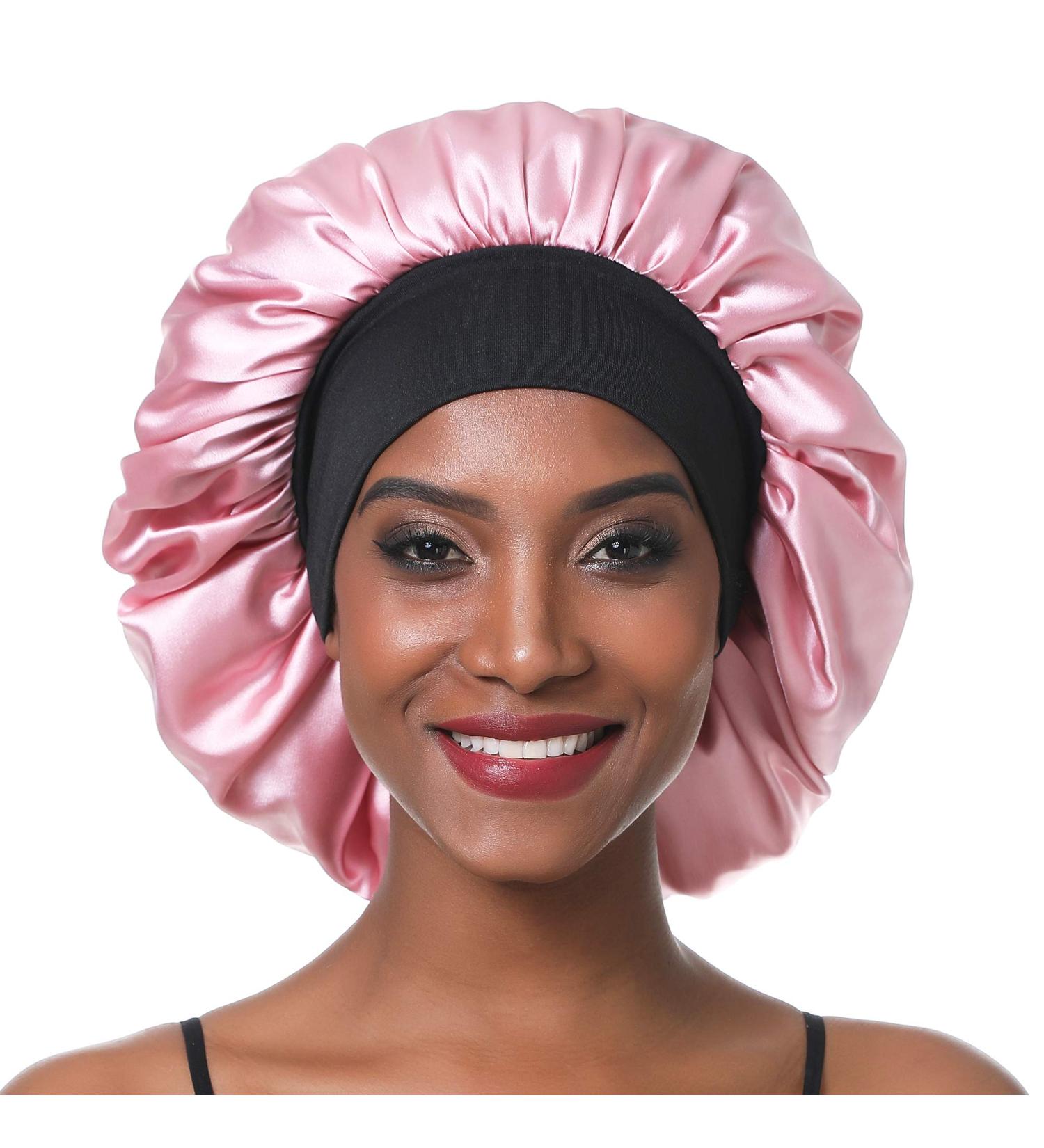 SENGTERM Satin Night Cap for Women Elastic Wide Band Nightcap for Long & Curly Hair (Large Pink) Best Sleep Cap for Hair Protection - Buy Online on GoSupps.com