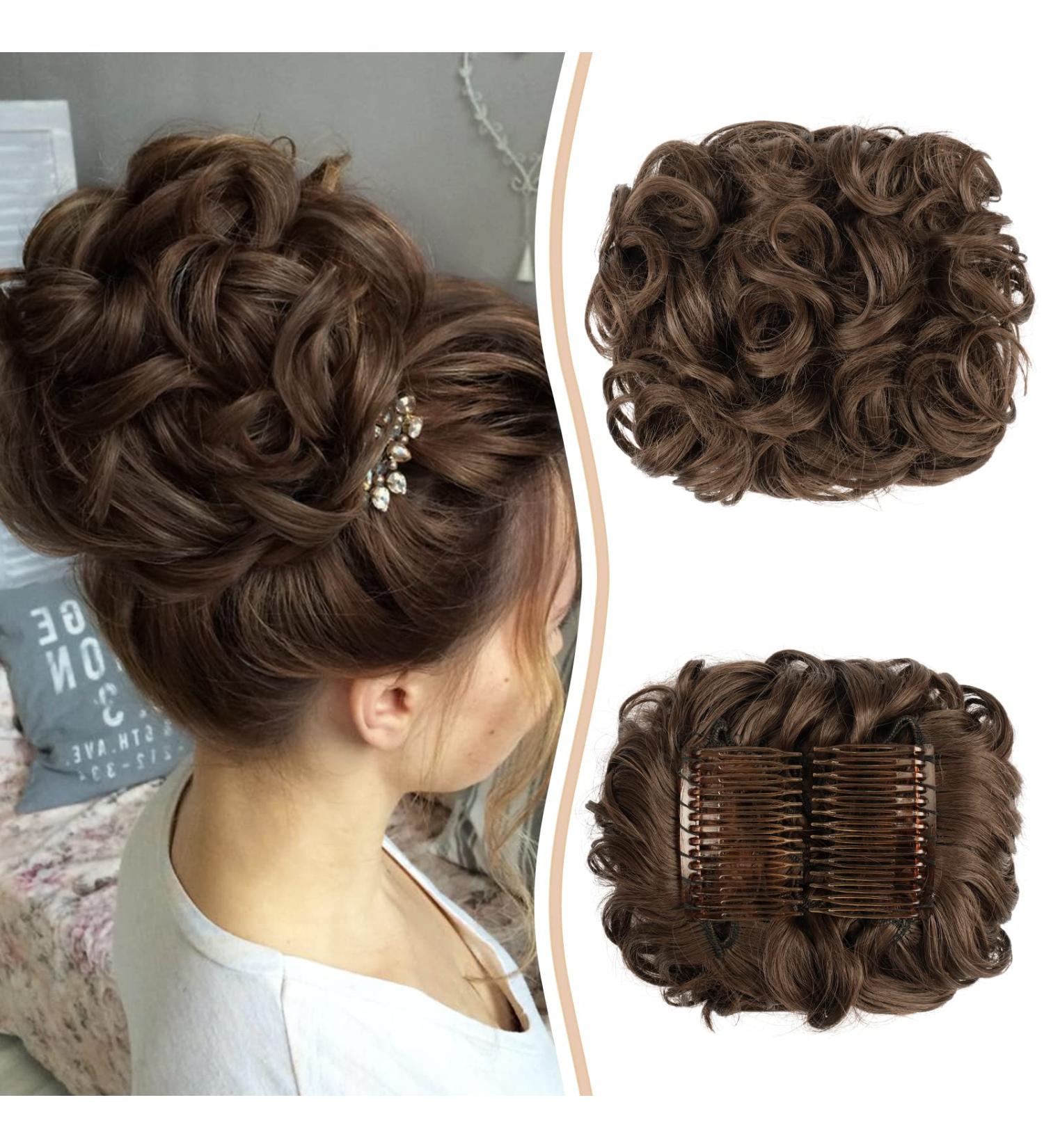 Sofeiyan Messy Bun Hair Piece Wavy Curly Extension in Golden Brown - Women's Drawstring Ponytail Chignon Clip-In Combs - Buy Online on GoSupps.com