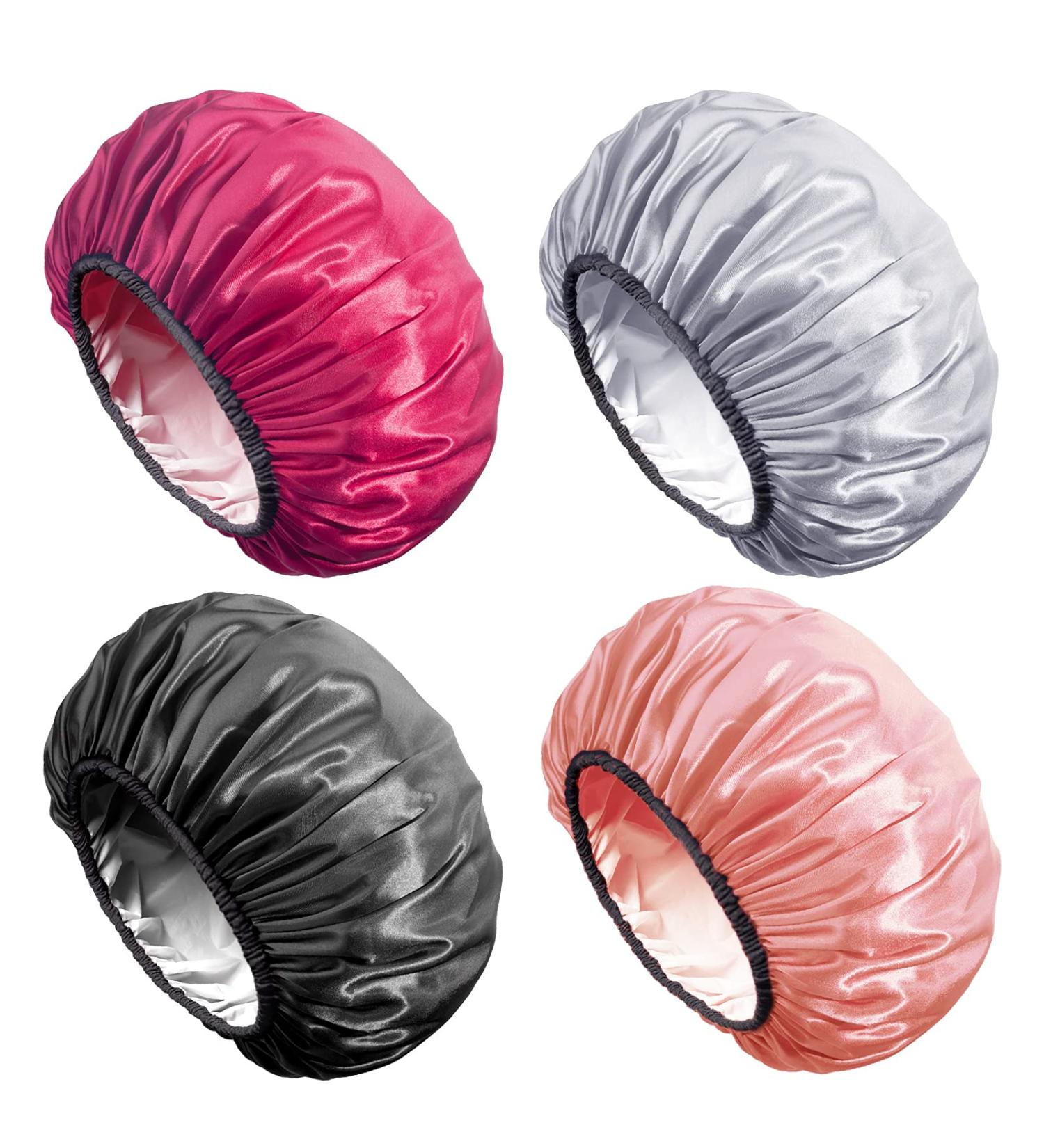 Aquior Shower Caps - Extra Large Waterproof Reusable Hair Cap for Women with Long Hair - 4 Pack (Rose Red/Silver/Pink/Black) - Buy Online on GoSupps.com