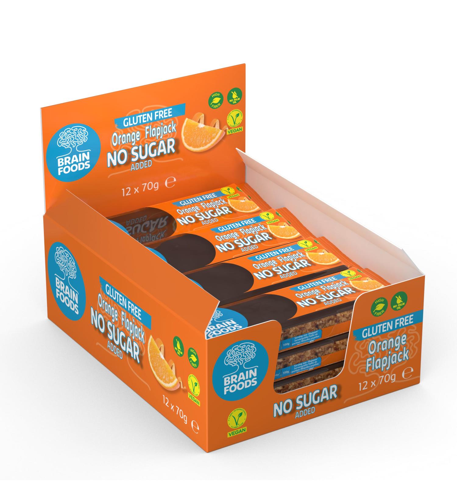 Brain Foods Orange Flapjack No Sugar Added Vegan Gluten Free Lower Calories 12 Bars 70g - Buy Online on GoSupps.com