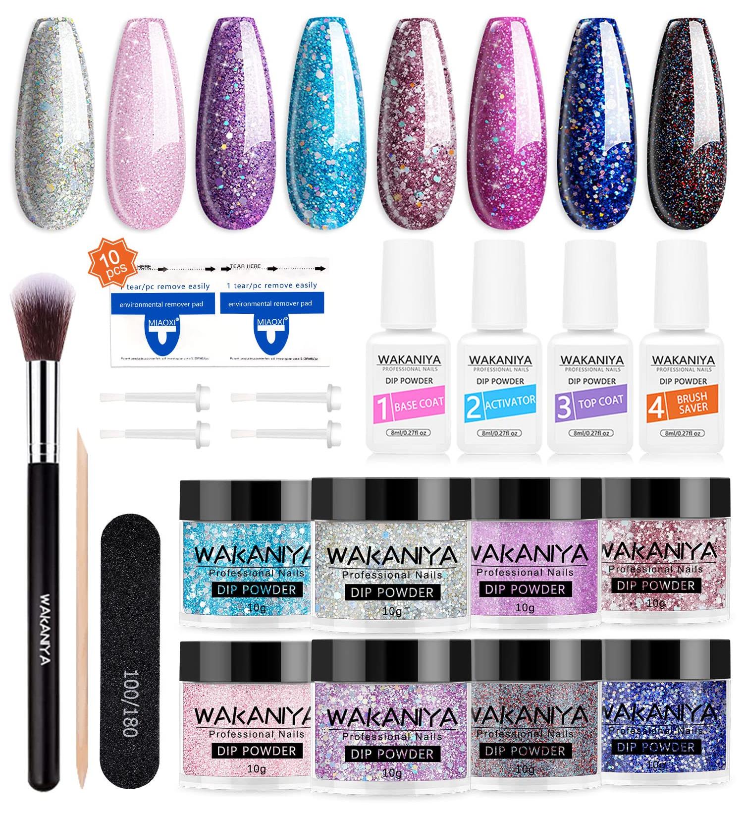 Wakaniya 8 Color Nail Dipping Powder Kit - DIY Home Nail Art System with Activator, Base & Top Coat - Pink Silver Glitter Starter Set for Beginner Manicure - Buy Online on GoSupps.com