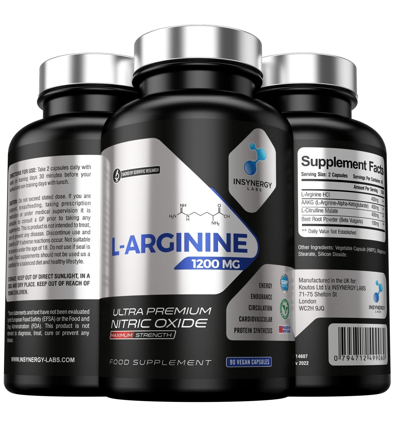Ultra Premium L Arginine Nitric Oxide Supplement - 4X Forms with L Citrulline, Beetroot, AAKG - UK's No1 for Workout Endurance & Performance - 90 Vegan Capsules - Buy Online on GoSupps.com