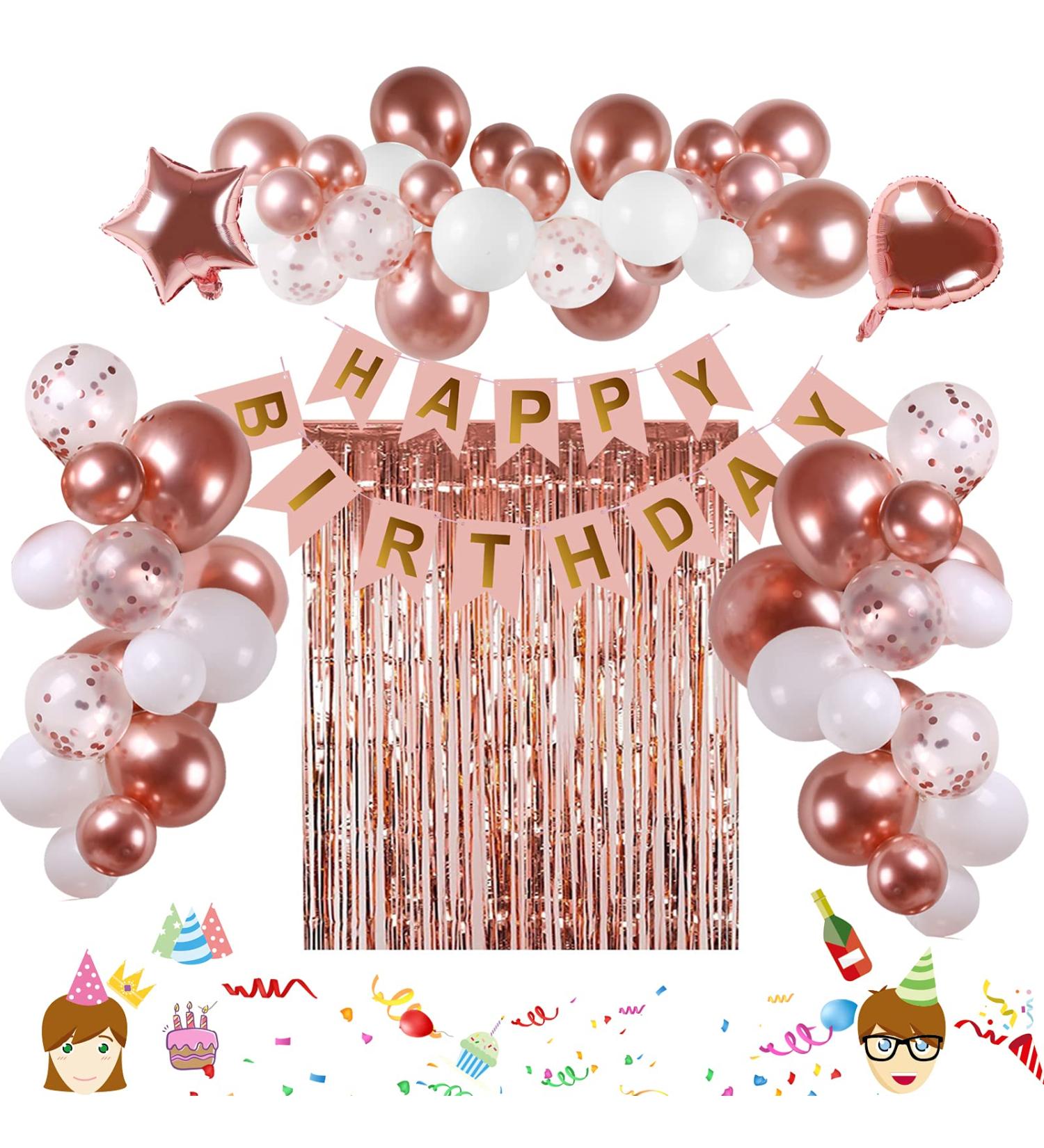 Rose Gold Birthday Decorations 74pcs Rose Gold White Balloons with Rosegold Confetti Balloons Curtain & Happy Birthday Banner for Girls Women Birthday Party Wedding Baby Shower - Buy Online on GoSupps.com