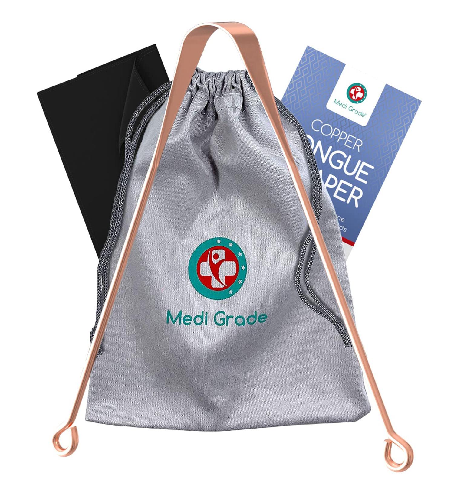Copper Tongue Scraper Kit by Medi Grade - Natural Bad Breath Solution - Oral Hygiene Tool with Bag and Cloth - Breath Freshener for Adults - Buy Online on GoSupps.com