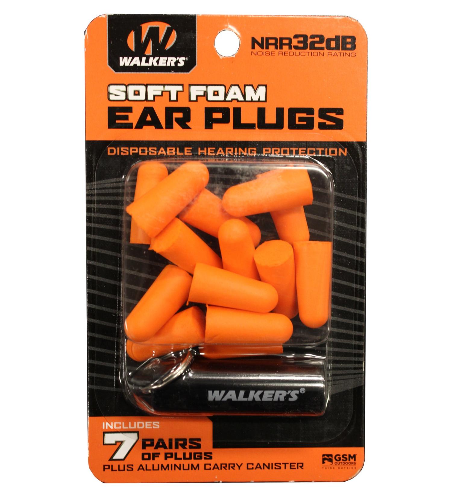 Walker's Soft Foam Disposable Ear Plugs 7 Pair with Metal Carry Canister NRR32 Orange