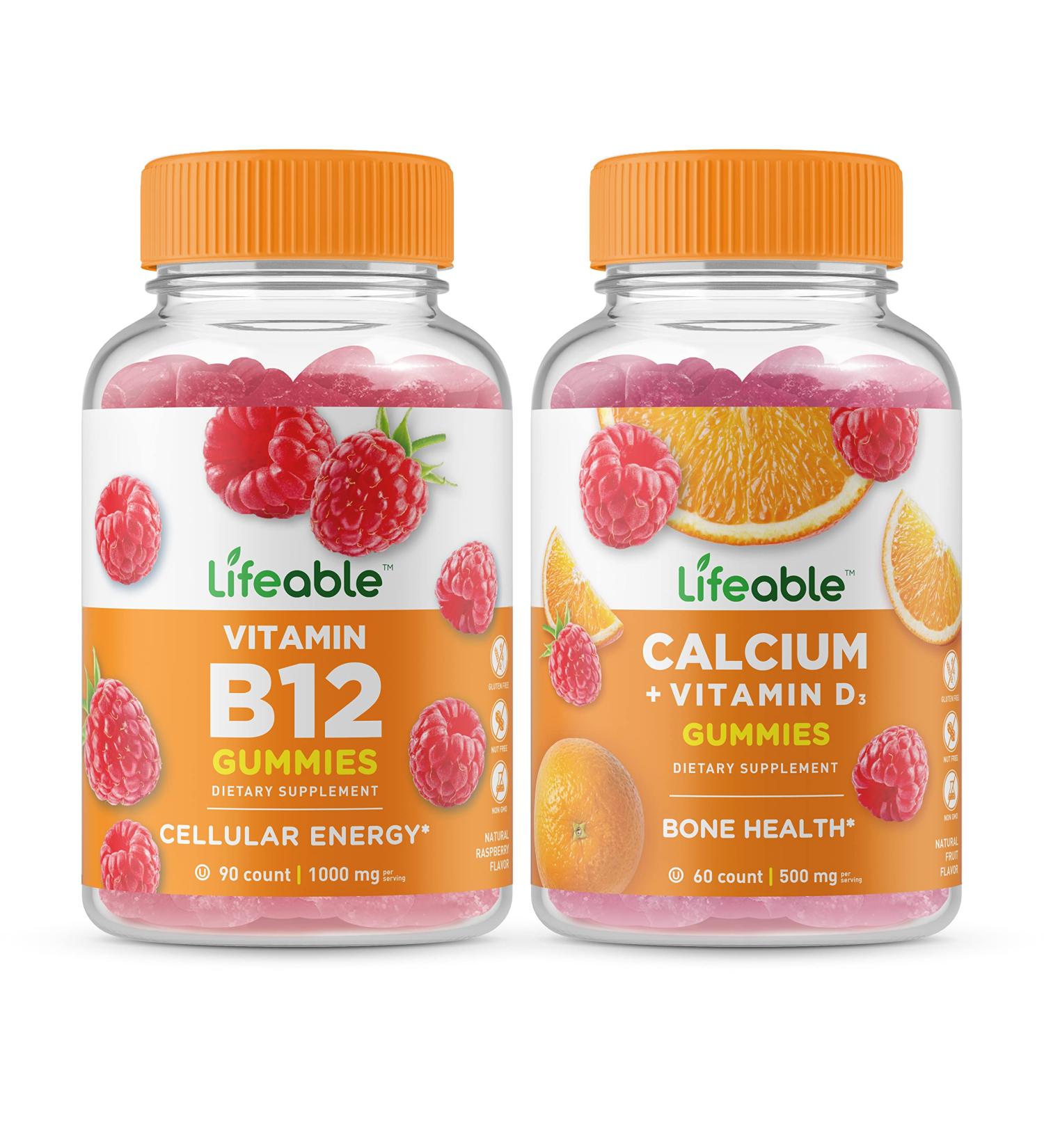 Lifeable Vitamin B12 + Calcium with Vitamin D Gummies Bundle - Great Tasting Vitamin Supplement Gluten Free GMO Free Chewable - Buy Online on GoSupps.com