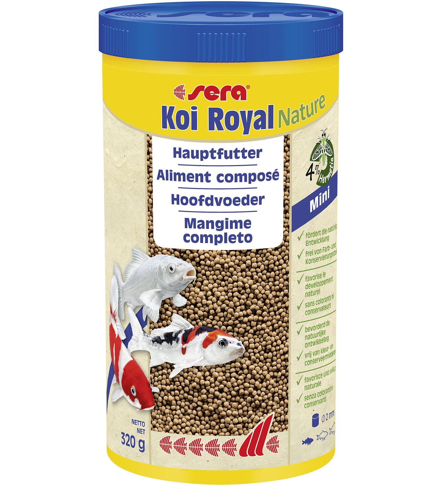 Sera Koi Royal Nature Mini 1000 ml | Premium Koi Feed for Fish Up to 12 cm | Omega Fatty Acids & Sustainable Insect Flour | 4% Insect Flour | Stable Granules for Water Protection - Buy Online on GoSupps.com