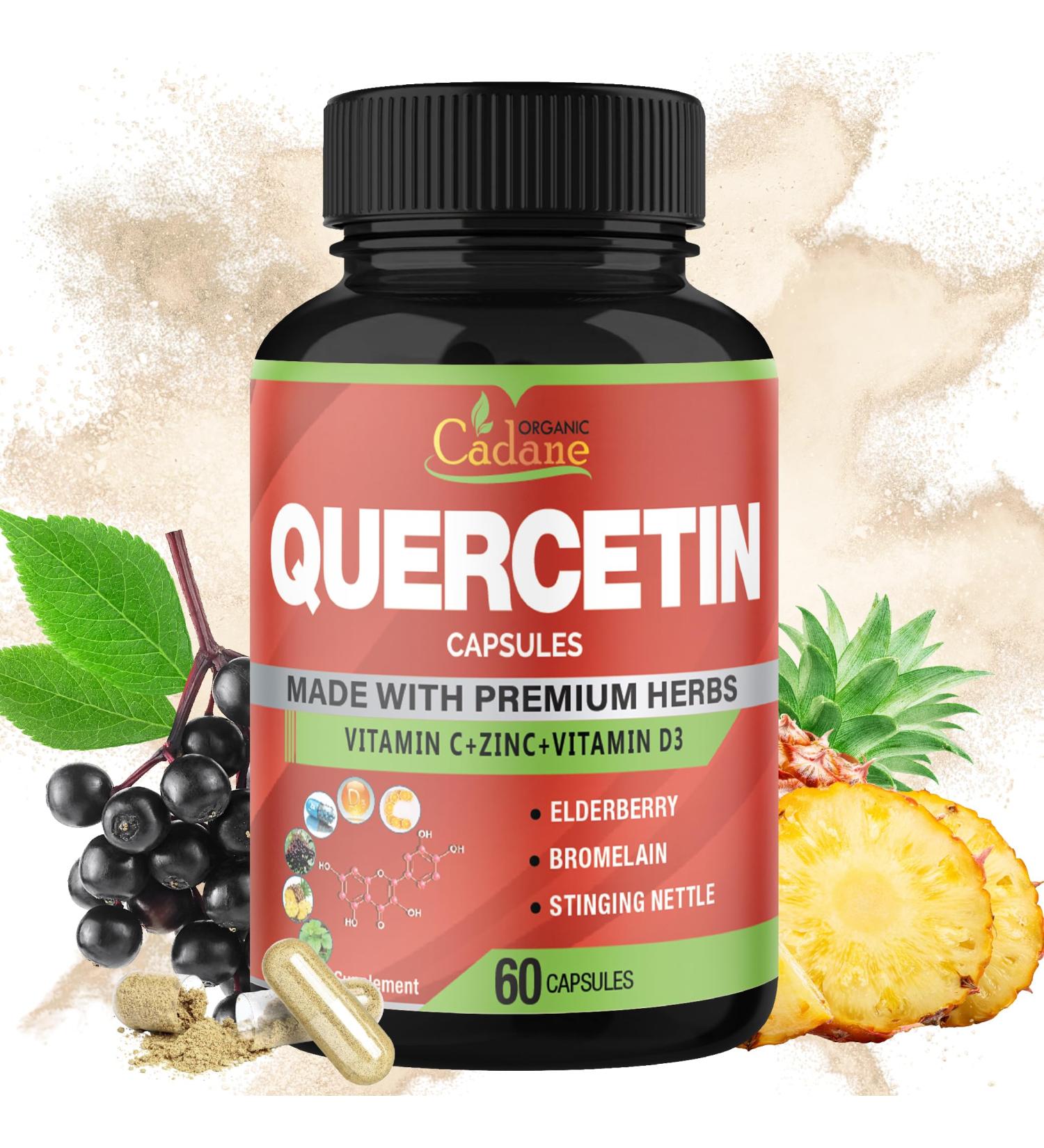 Organic Cadane Quercetin Extract Capsules - Combined with VitC Zn.C VitD3 Elderberry Bromelain Nettle Ginger Echinacea Garlic Pepper - 60 Capsules - Buy Online on GoSupps.com