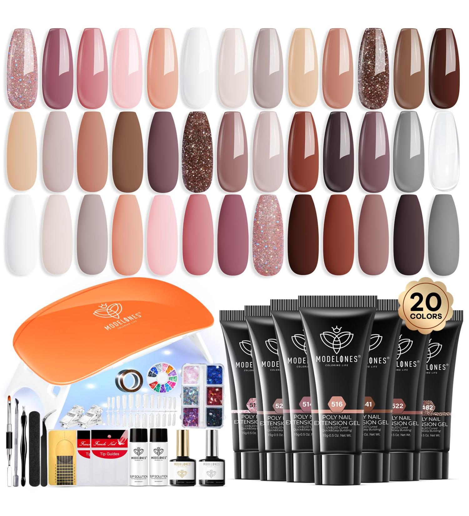 Modelones Poly Gel Nail Kit - 20 Colors with Nail Lamp & Art Tools | Complete Starter Set for Perfect Nail Extensions - Gift Idea for Women - Buy Online on GoSupps.com