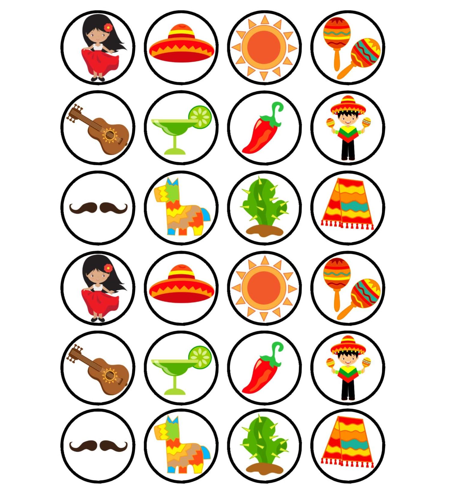 24 Mexico Mexican Theme Edible Cupcake Toppers - Stand Up Disc Wafer Cake Decorations