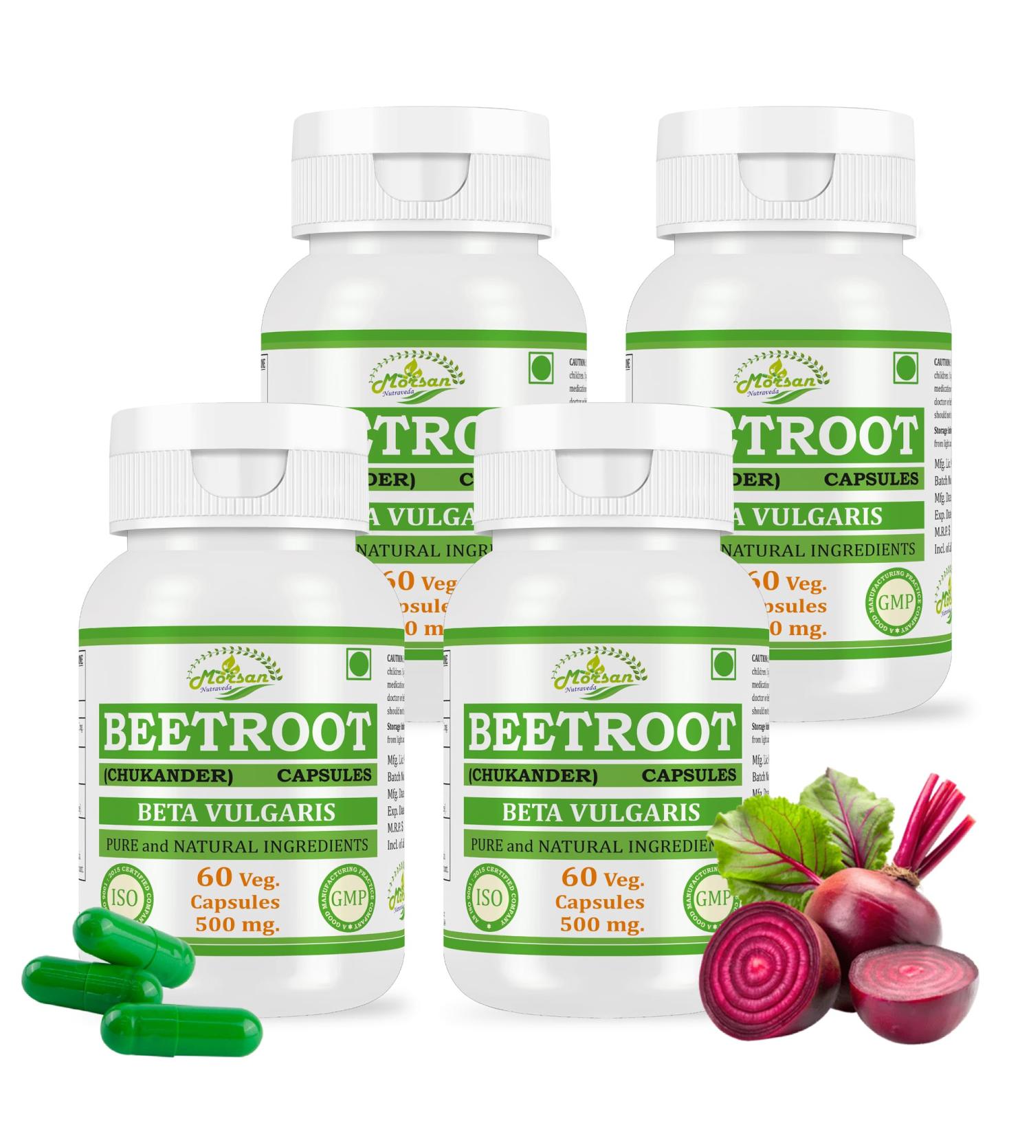 Morsan Nutraveda Beetroot (Beta vulgaris) Capsules - 500mg Beet Root Powder Aids Healthy Circulation & Vitality Non-GMO Beet Root Supplement - 60 Capsules 30-Day Supply (4) - Buy Online on GoSupps.com
