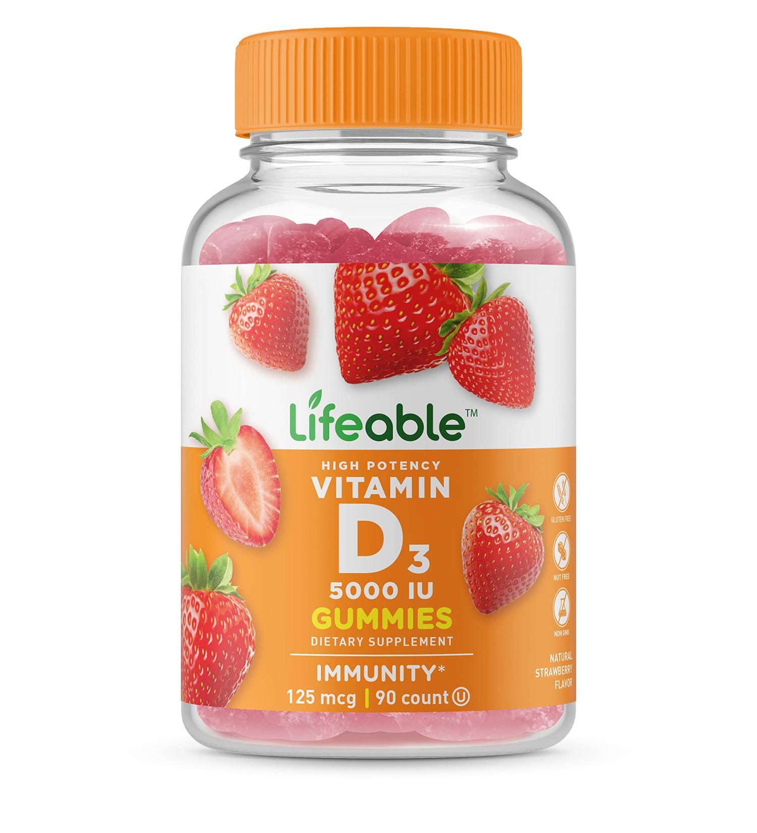 Lifeable Vitamin D 5000 IU Gummy Supplement - Natural Flavor, Gluten Free, Vegetarian - Strong Bones for Adults - 90 Gummies - Buy Online on GoSupps.com