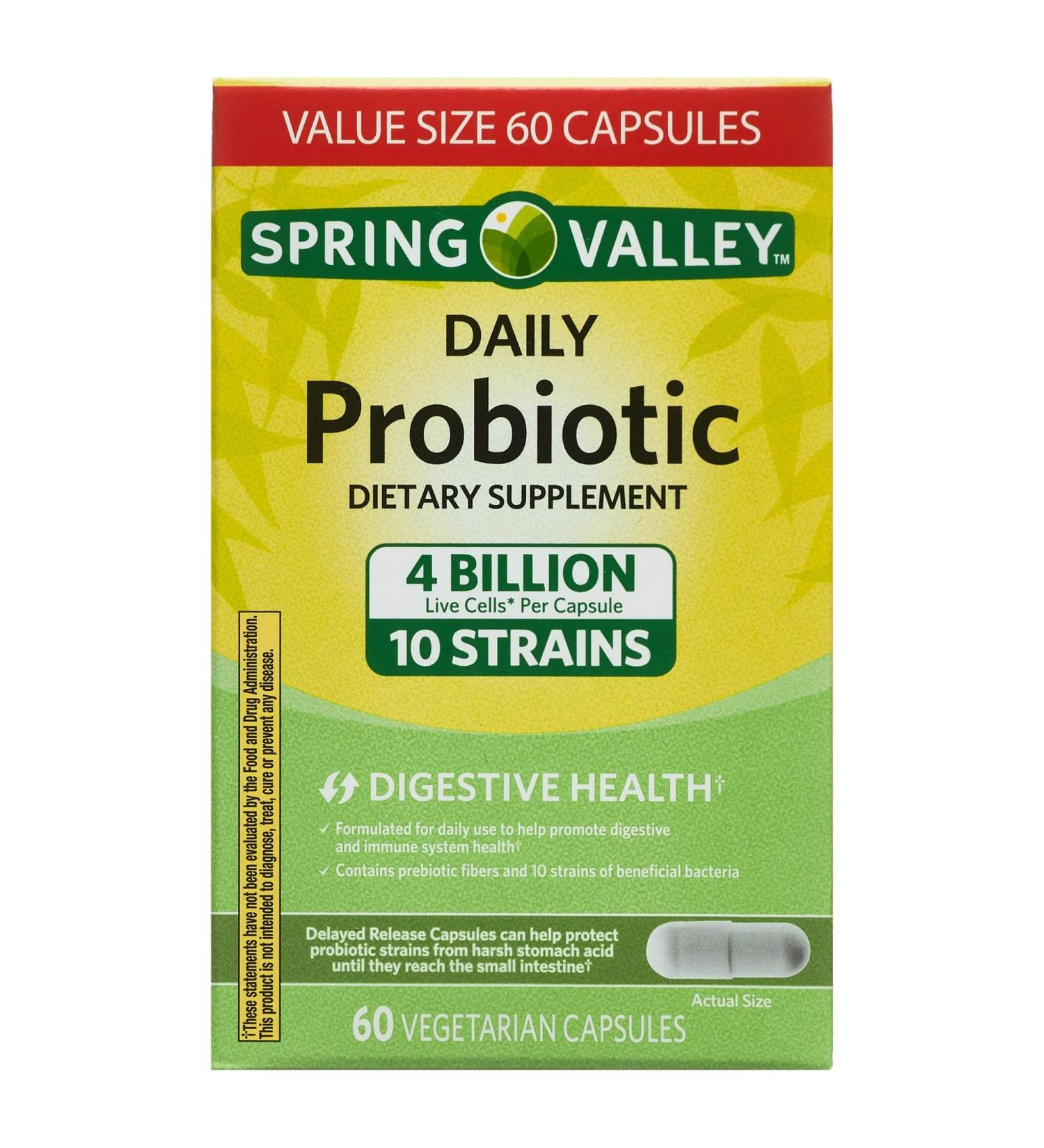 Spring Valley Daily Probiotic Dietary Supplement 4 Billion 60 Vegetarian Capsules