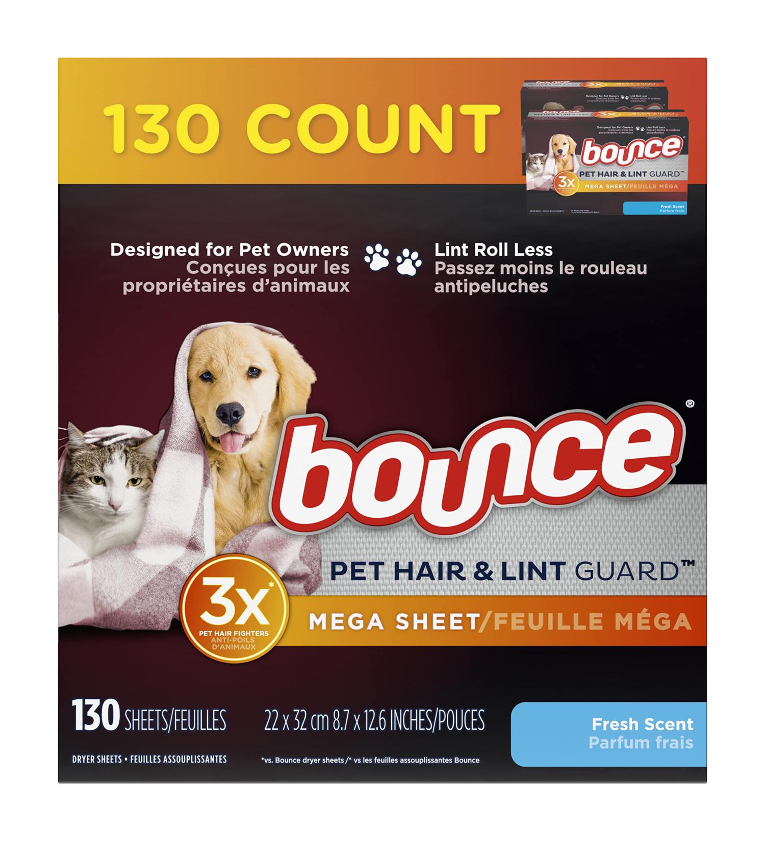 Bounce Pet Hair and Lint Guard Mega Dryer Sheets - 130 Count, Fresh Scent - 3X Pet Hair Fighters - Buy Online on GoSupps.com