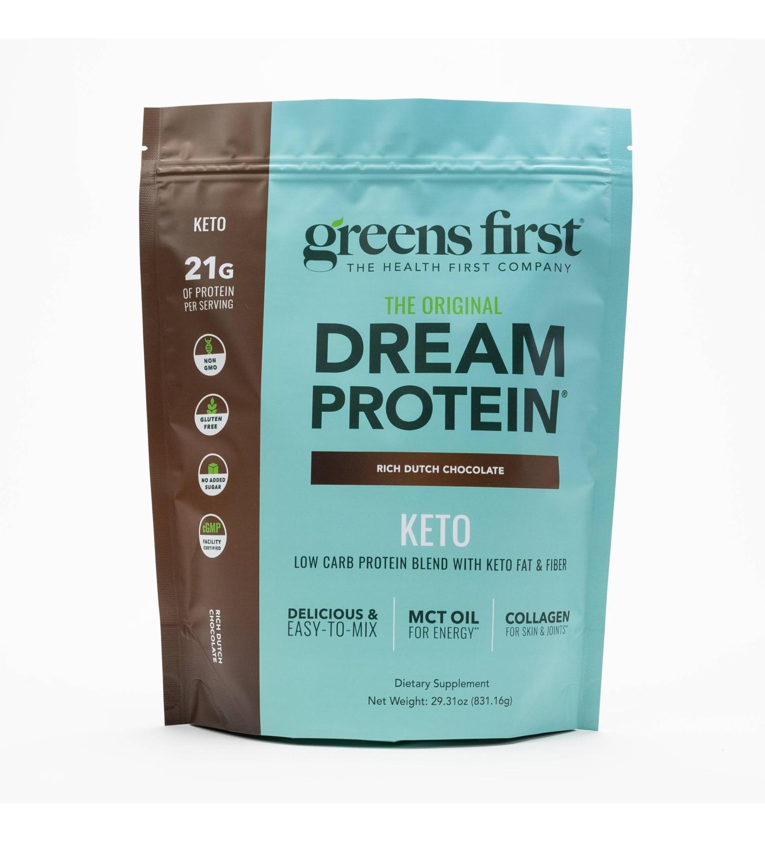 Greens First Dream Protein Powder Keto - 21g Protein Per Serving - Low Carb - with MCT Oil & Collagen - Non-GMO Gluten-Free Caffeine-Free (Rich Dutch Chocolate 29.31 oz) Rich Dutch Chocolate 29.31 Ounce - Buy Online on GoSupps.com