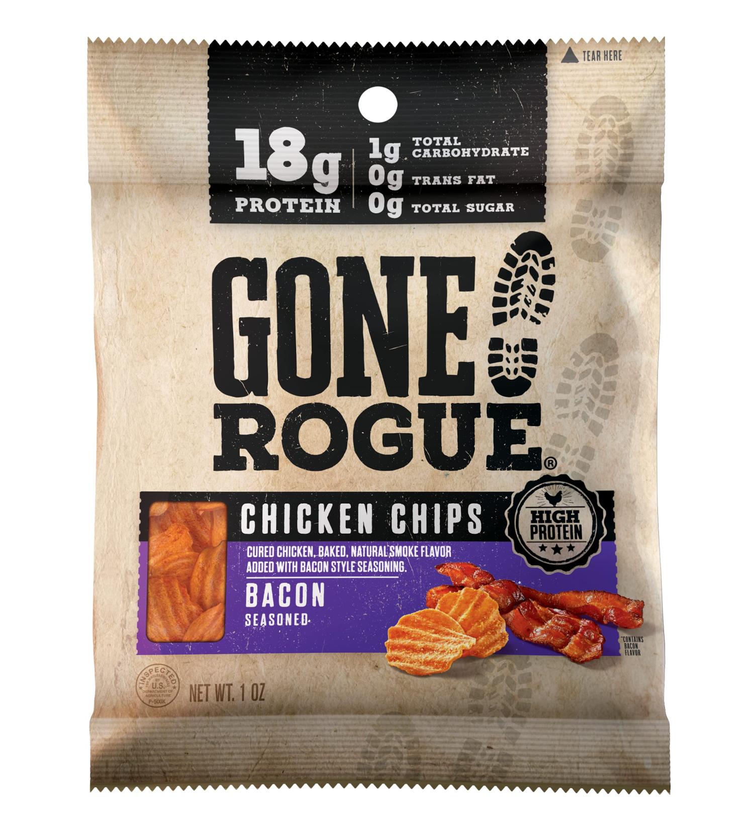 Gone Rogue High Protein Chicken Bacon Chips - Low Carb, Gluten Free, Keto Friendly Snacks (4 Pack) - Buy Online on GoSupps.com