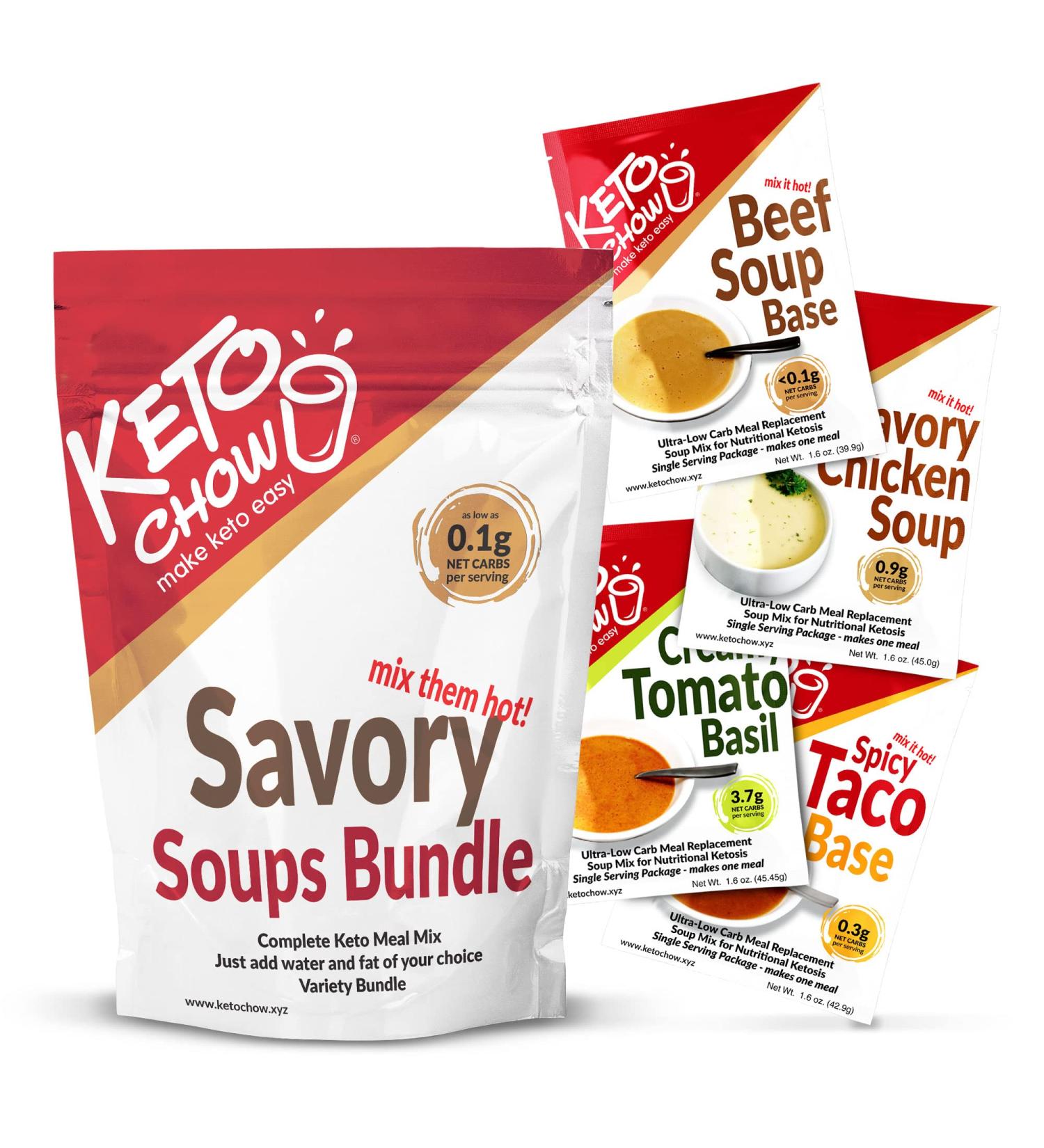 Keto Chow Savory Variety Bundle: Nutritionally Complete Keto Meal Replacement Shake Powder - Low Carb, Protein Rich, Delicious Meal Substitute - Single Serving Samples with Customizable Fat Options - Buy Online on GoSupps.com