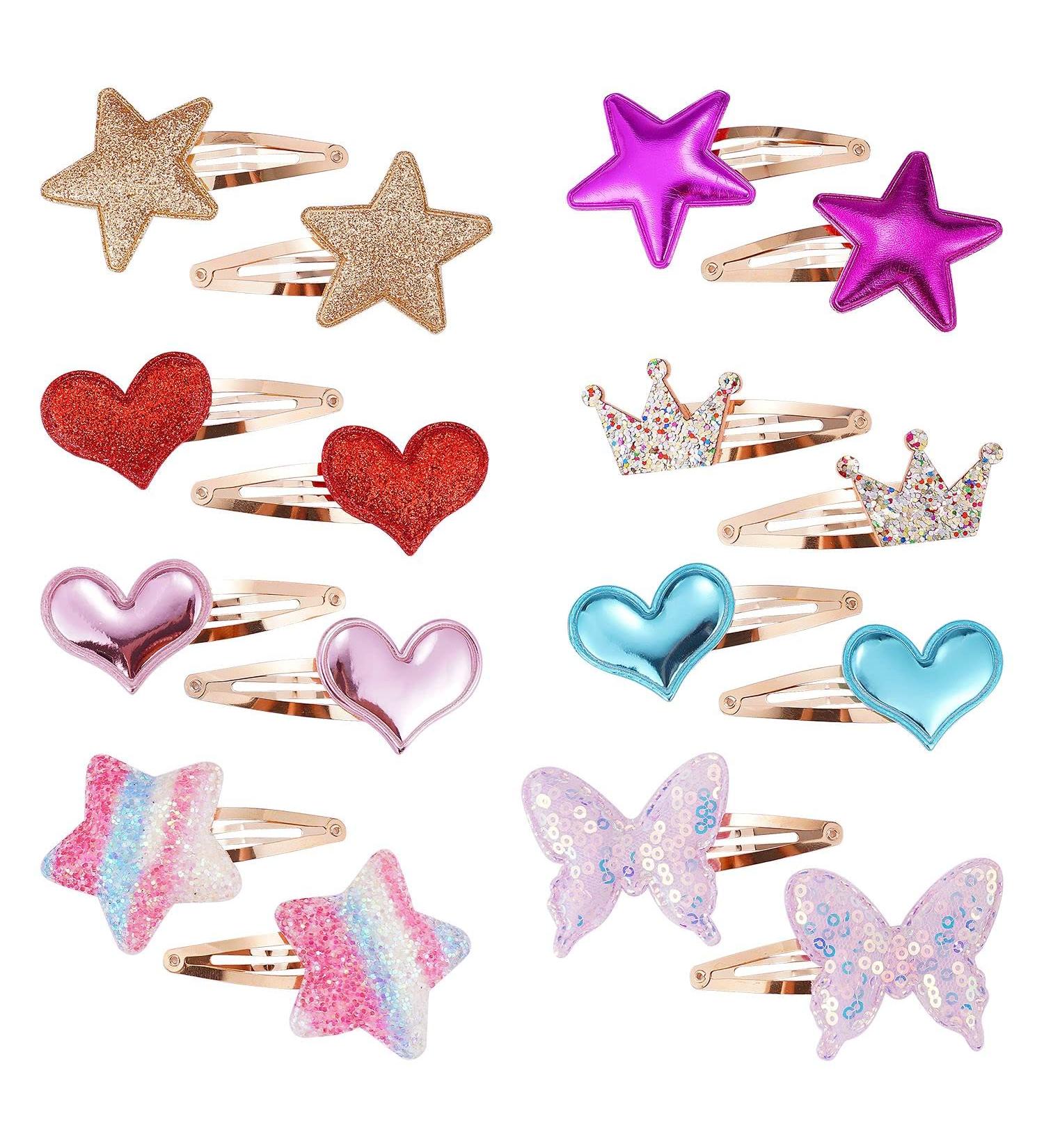 16Pcs Cute Star/Crown/Heart Hair Clips for Girls - Sparkly Metal Snap Hair Pins for Kids, Baby & Women - Buy Online on GoSupps.com