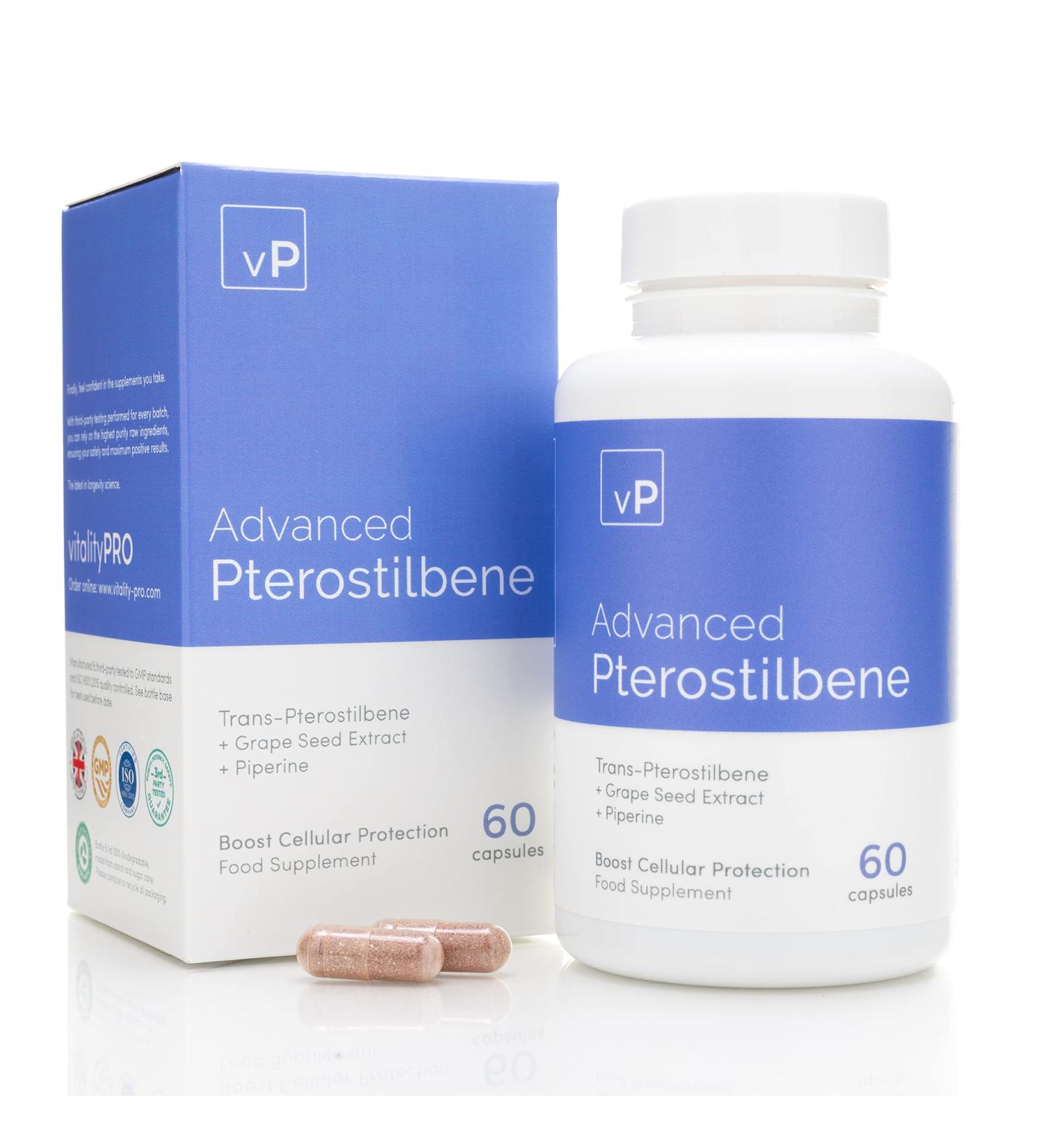 Premium Trans-Pterostilbene Supplement | 60 Capsules | Over 98% Purity | Third Party Tested | Vitality Pro - Buy Online on GoSupps.com