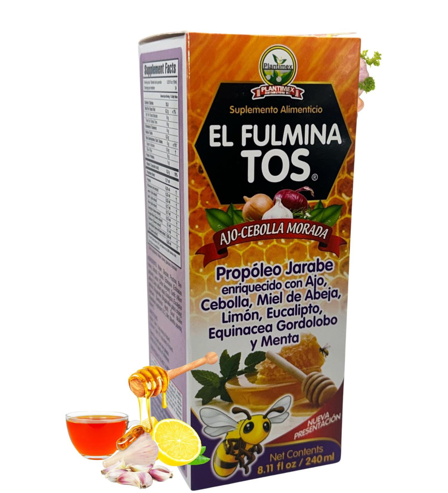 Fulminatos EL FULMINA TOS Propoleo +AJO + CEBOLLA +Miel+Limon+Eucalipto+Equinacea+Gordolobo & Menta (Propolis Syrup W/Garlic and Onion) 8.11 fl oz Nutritional Supplement Cough Syrup FULMINA TOS - Buy Online on GoSupps.com