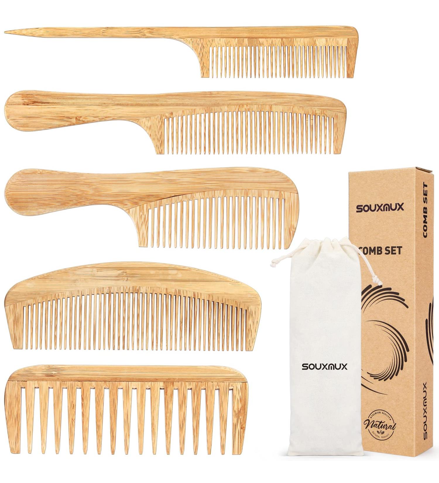 Natural Bamboo Hair Combs Set - Wide & Fine Tooth Styling Comb for Men & Women - Handmade Anti-Static Hairbrush - Heat Resistant Detangling Comb - SouxMux Gift Kit - Buy Online on GoSupps.com