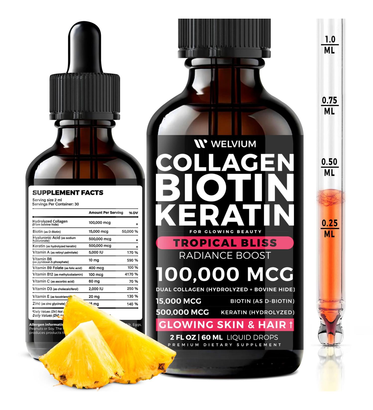 WELVIUM Liquid Biotin and Collagen Peptide Complex with Keratin Hyaluronic Acid MCT Oil Zinc Vitamins B6 B7 B12 A C D3 E - Hair Skin and Stronger Nails Supplement for Women and Men - Buy Online on GoSupps.com