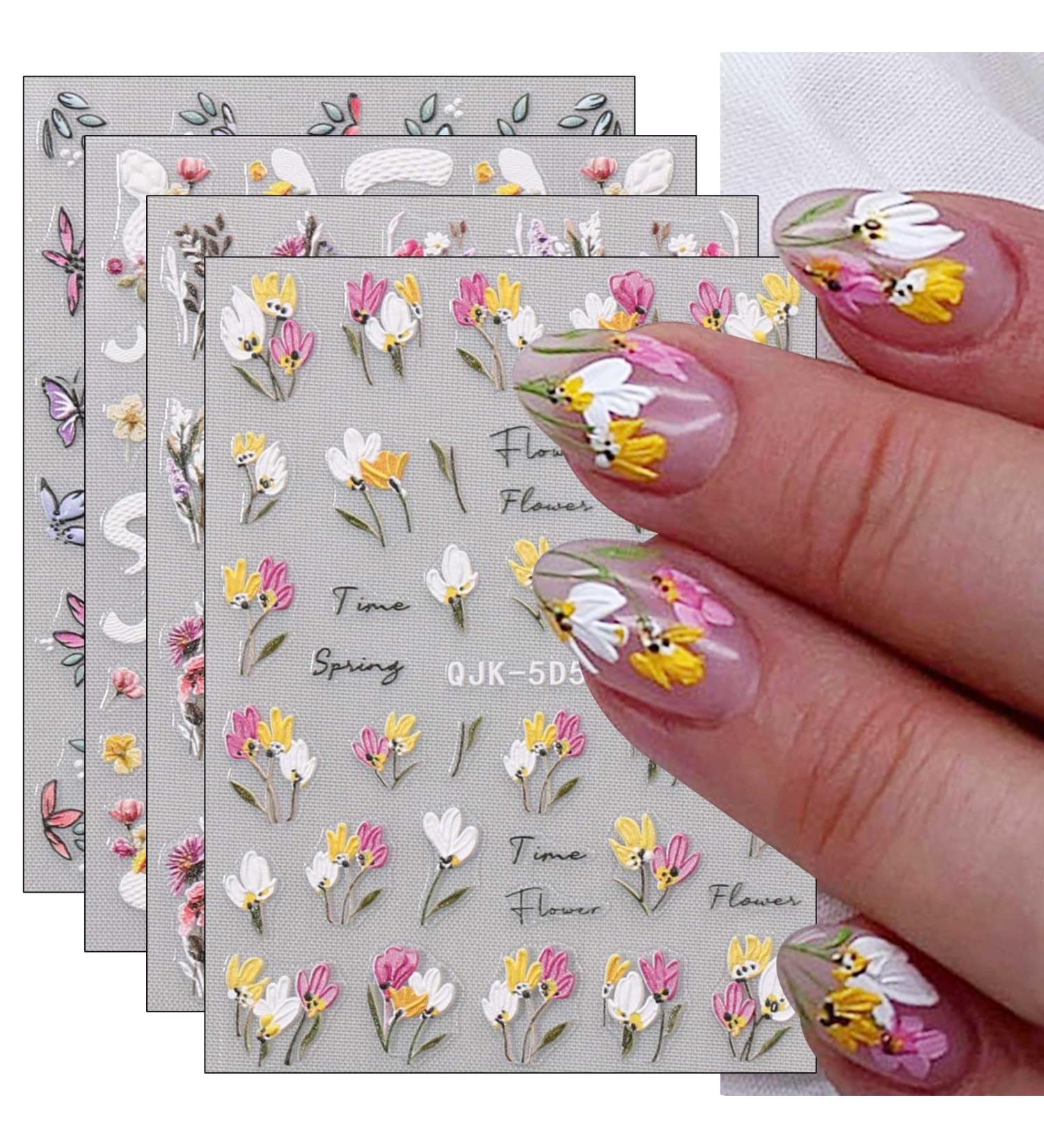 JMEOWIO 6 Sheets 3D Embossed Spring Flower Nail Art Stickers Decals Self-Adhesive 5D Colorful Summer Floral Tulips Nail Supplies Nail Art Design Decoration Accessories - Buy Online on GoSupps.com