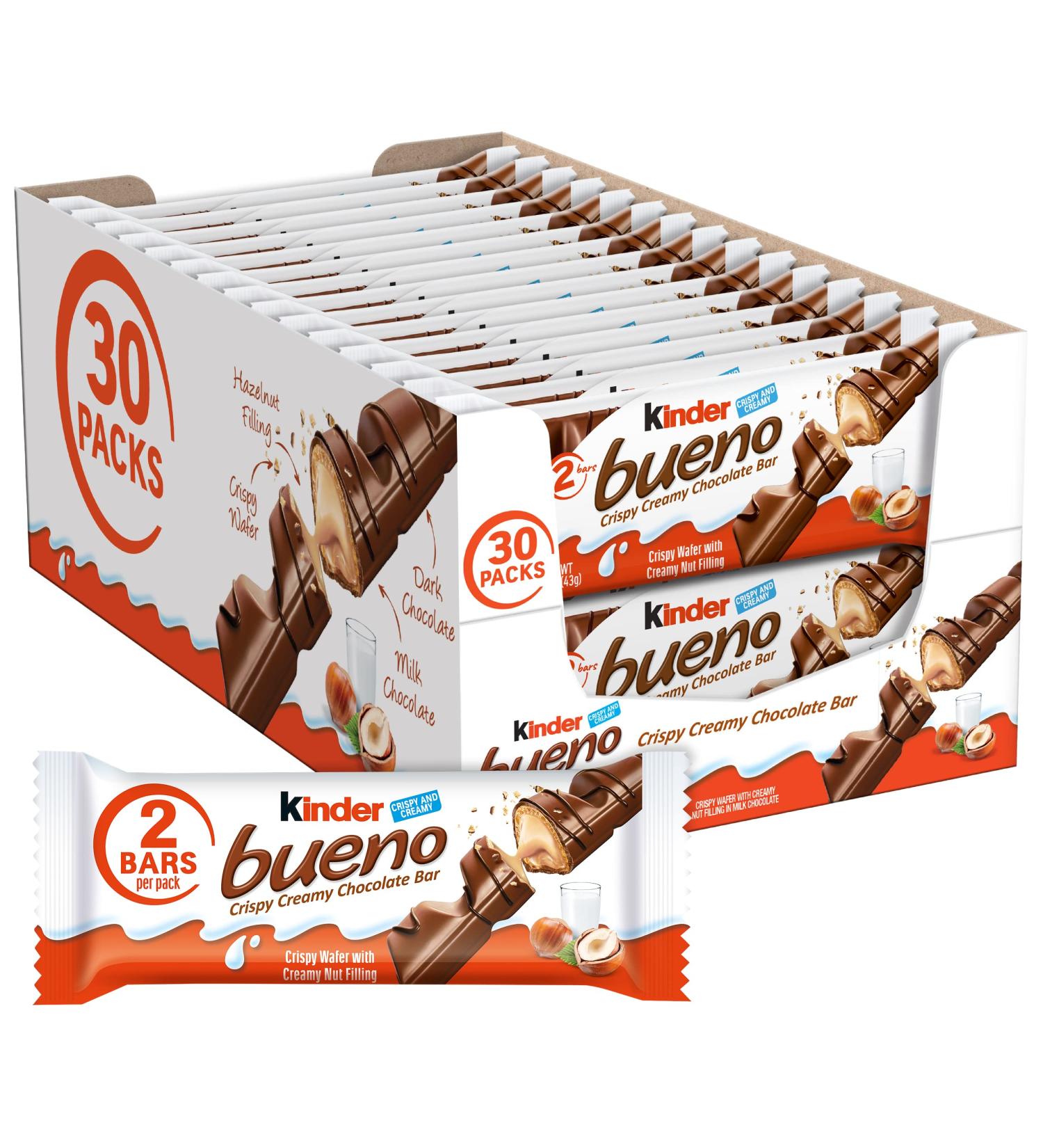 Kinder Bueno Milk Chocolate Hazelnut Cream Bars 30 Pack - 1.5oz Individually Wrapped Chocolates - Buy Online on GoSupps.com
