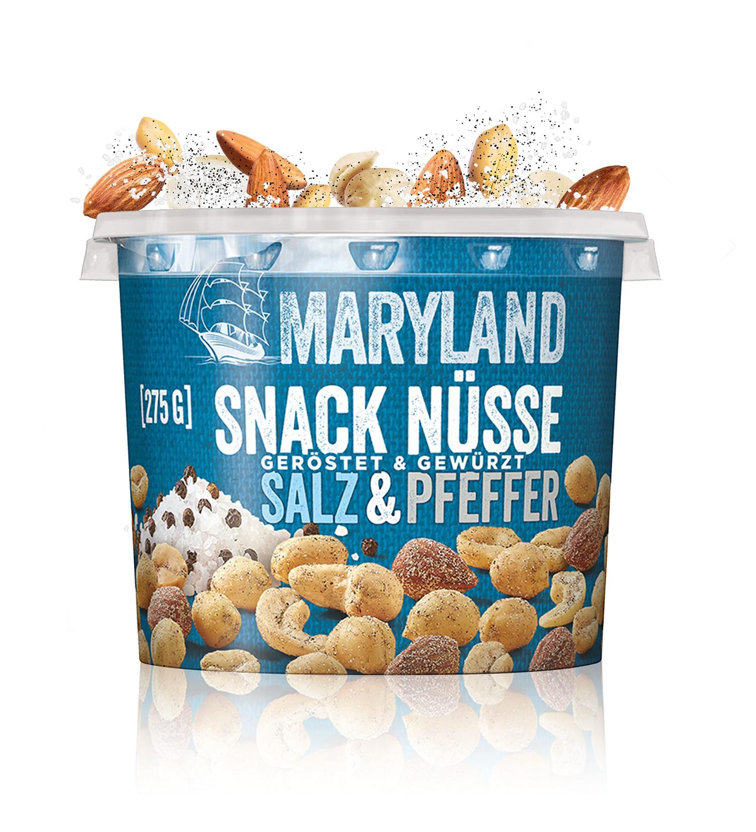 Maryland Snack Nuts Salt & Pepper 275g - Crispy Delicious Nut Mixture with Roasted Peanuts Cashews & Almonds - Reusable Cup - International Shipping - Buy Online on GoSupps.com