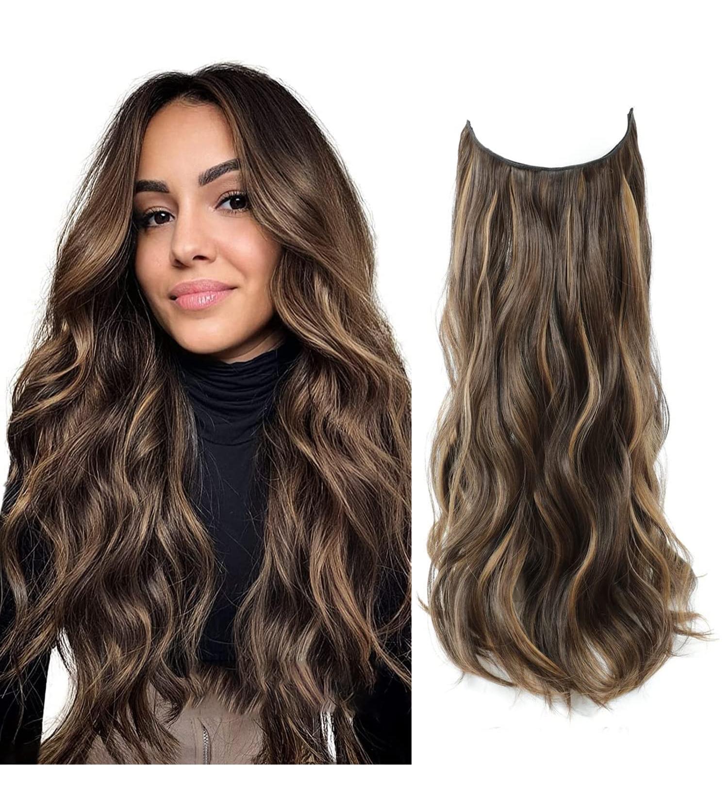 Invisible Wire Hair Extension Clip in Natural Wavy Synthetic Long Curly Hairpiece for Women - Honey Bronde 16inch - Buy Online on GoSupps.com