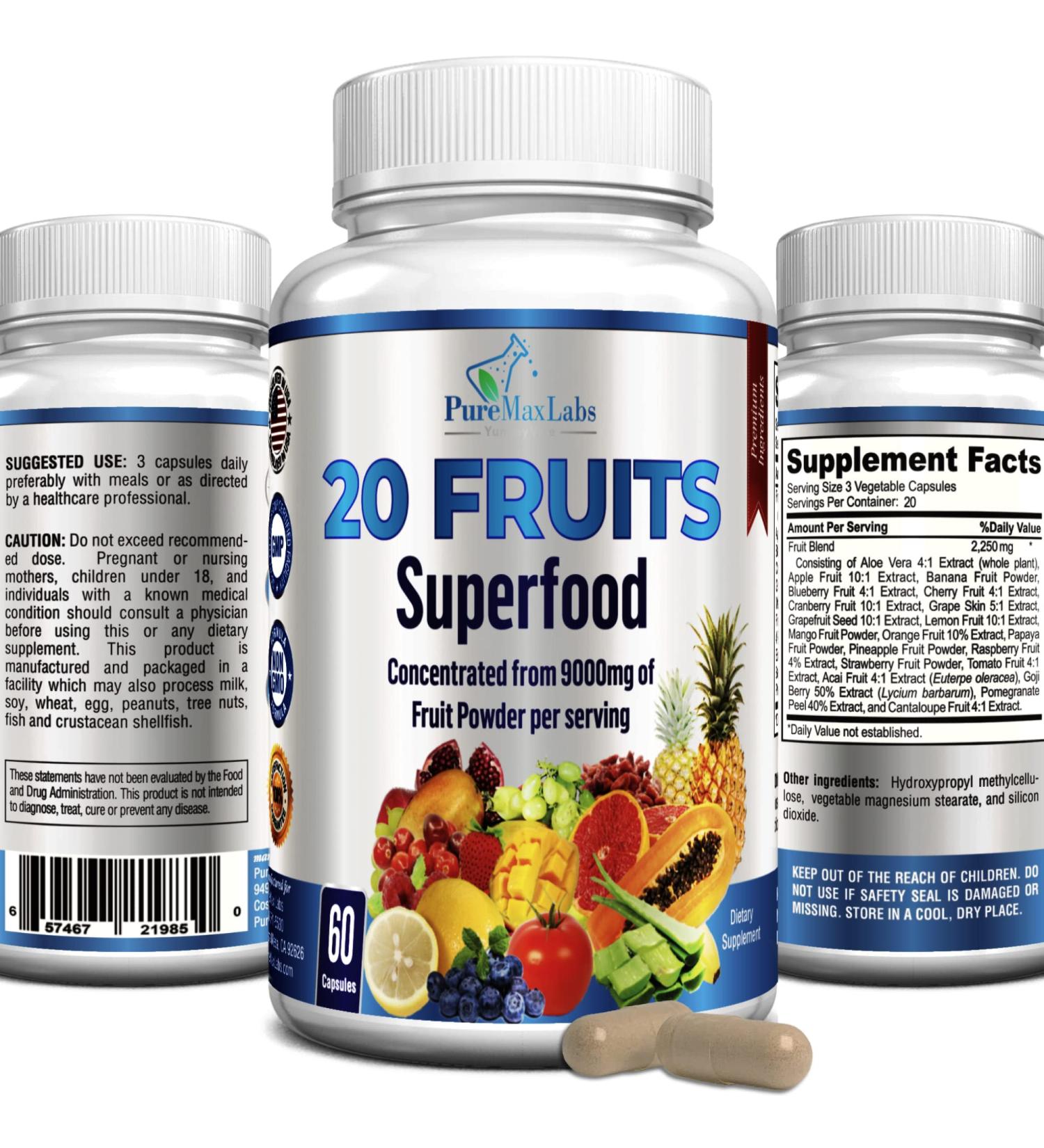 20 Fruits Superfood Capsules - Natural Antioxidants with Aloe Vera, Blueberry, Cranberry, and more - Non-GMO Formula - 60 Count - Buy Online on GoSupps.com