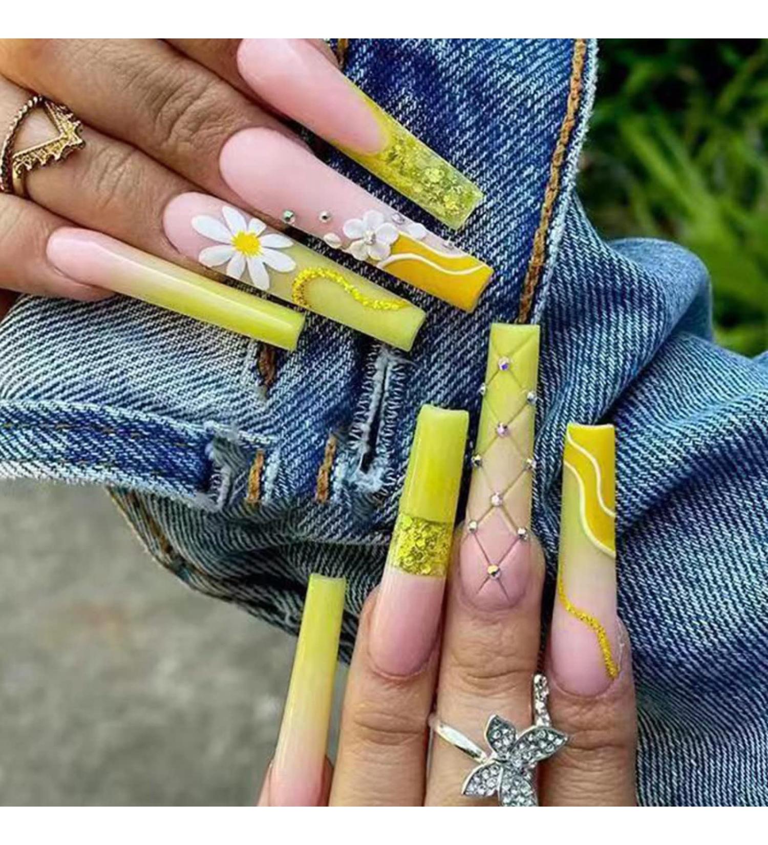 24pcs/Set False Nail Art Ballerina Fake Nails Rainbow Dye Black French Sparkling Diamonds Press On DIY Manicure Tool Wholesale