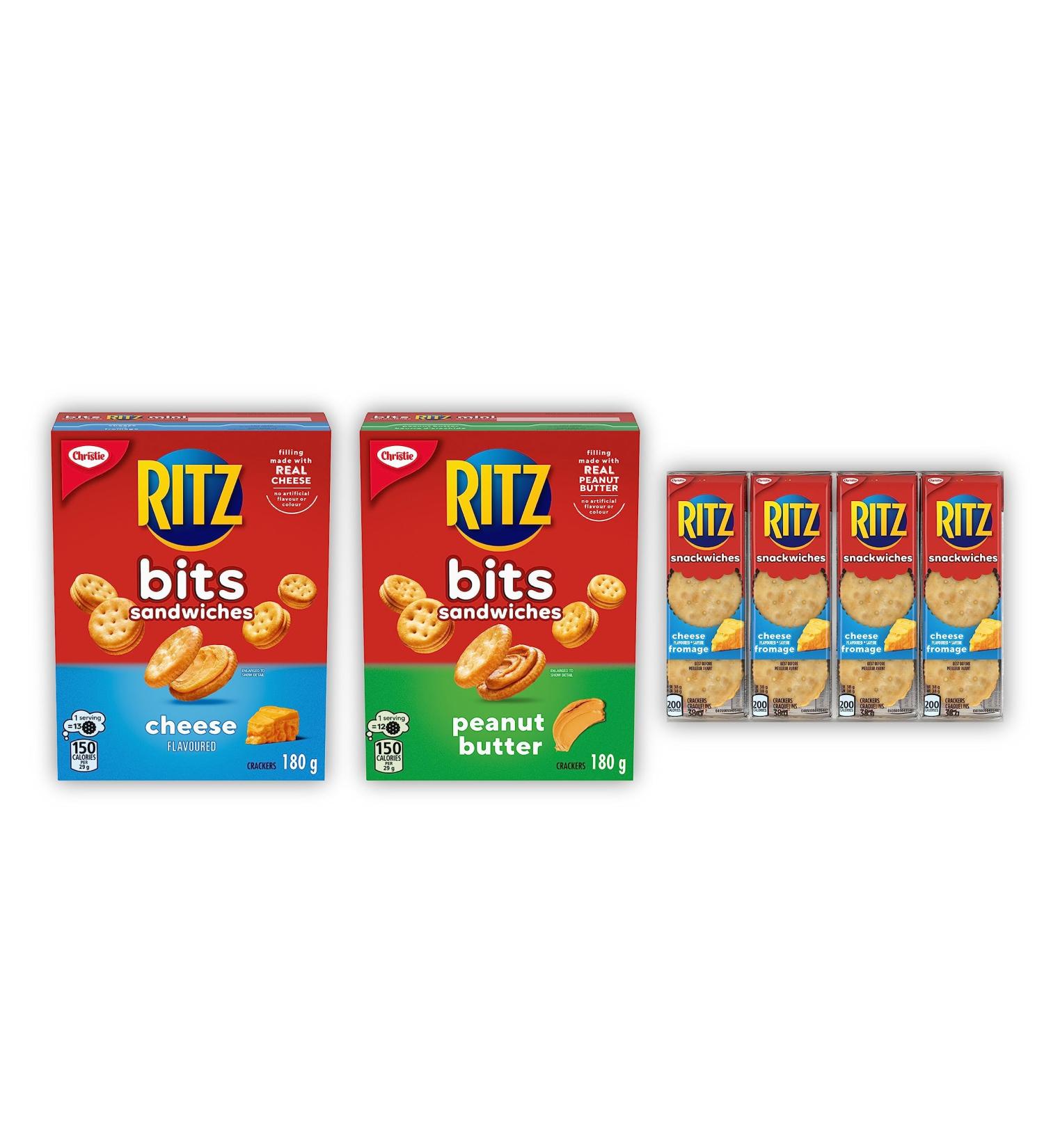 Ritz Bits Sandwiches Peanut Butter Flavour 180g with Ritz Bits Sandwiches Cheese Flavour 180g and Ritz Crackers Cheese Sandwich Snackwiches 304g - Buy Online on GoSupps.com