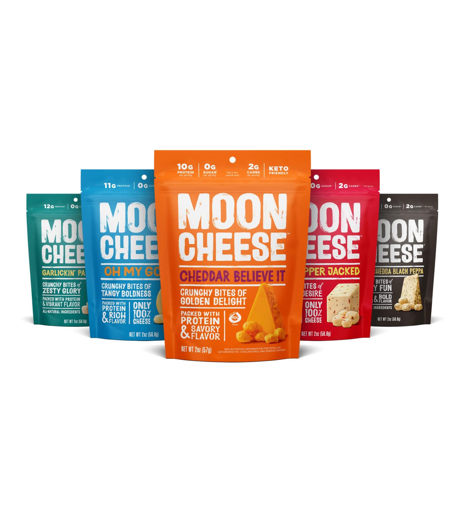 Moon Cheese Bites Bundle Cheddar White Cheddar Parm Gouda & Get Pepper Jacked 2-Ounce 5-Pack Lunch or Snack