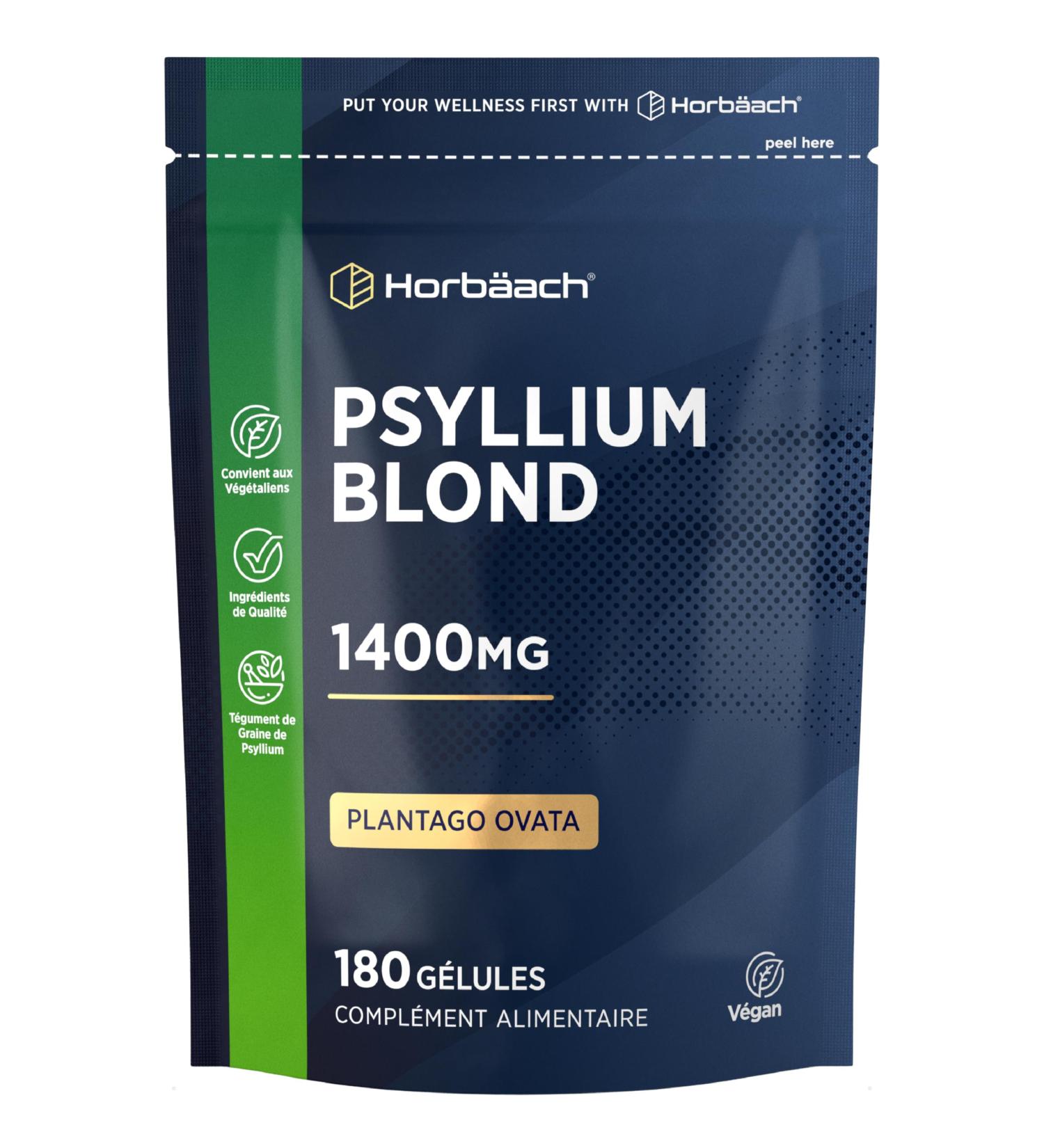 Psyllium Blond Gelules 1400 mg | 180 Gelules Vegan | Fibre de Husk Haute Dosage | Pr biotique naturel | Horbaach - Buy Online on GoSupps.com
