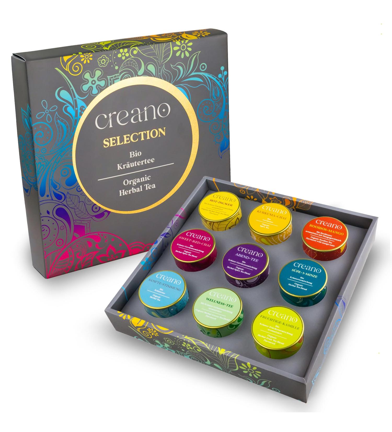 Creano Bio Herbal Tea Gift Set - 9 Vegan & Gluten-Free Varieties in Metal Cans - Perfect Novelty Gift for 2024 - Buy Online on GoSupps.com