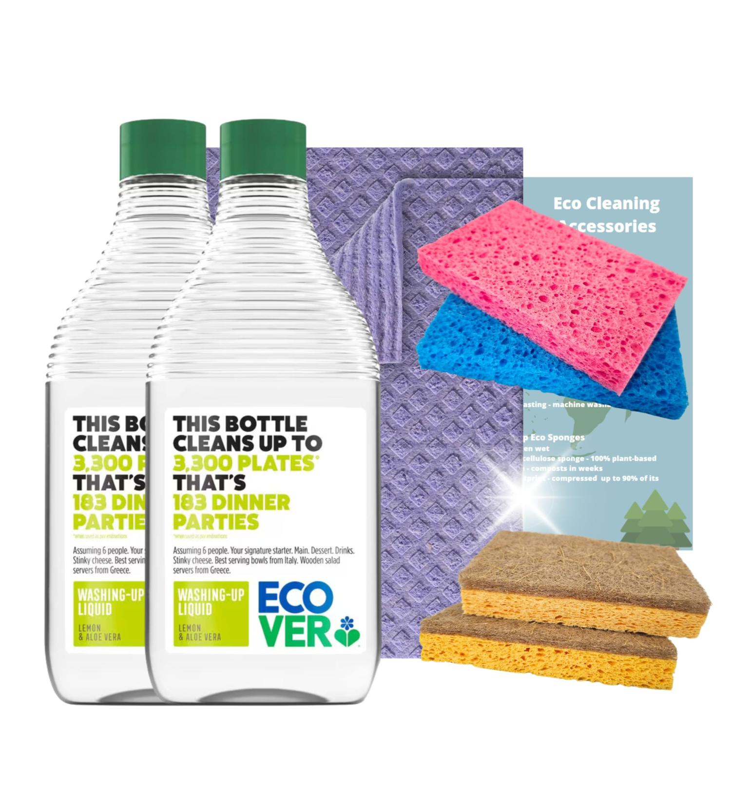 Eco Dish Washing Bundle With Ecover Washing Up Liquid Lemon and Aloe Vera 2 x 450ml Swedish Dishcloth x 2 Biodegradable Scourer x 2 and Plastic Free Kitchen Sponge x 2 - Buy Online on GoSupps.com
