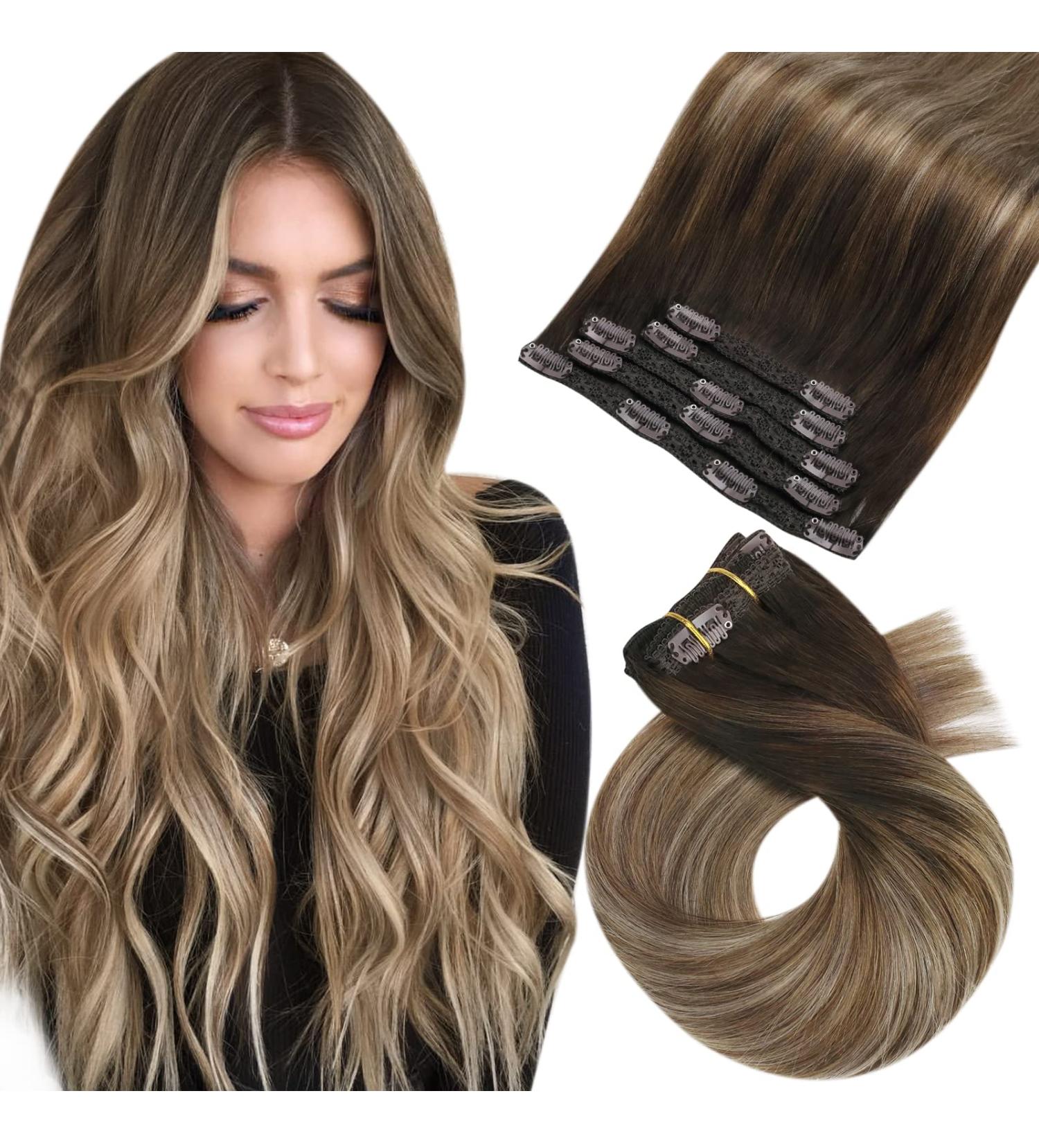 Moresoo Real Hair Extensions Clip Balayage Ombre 120g 55cm - Remy Clip-in Hair Extensions Dark Brown to Ash Blonde #4/10/16 Pcs - Buy Online on GoSupps.com