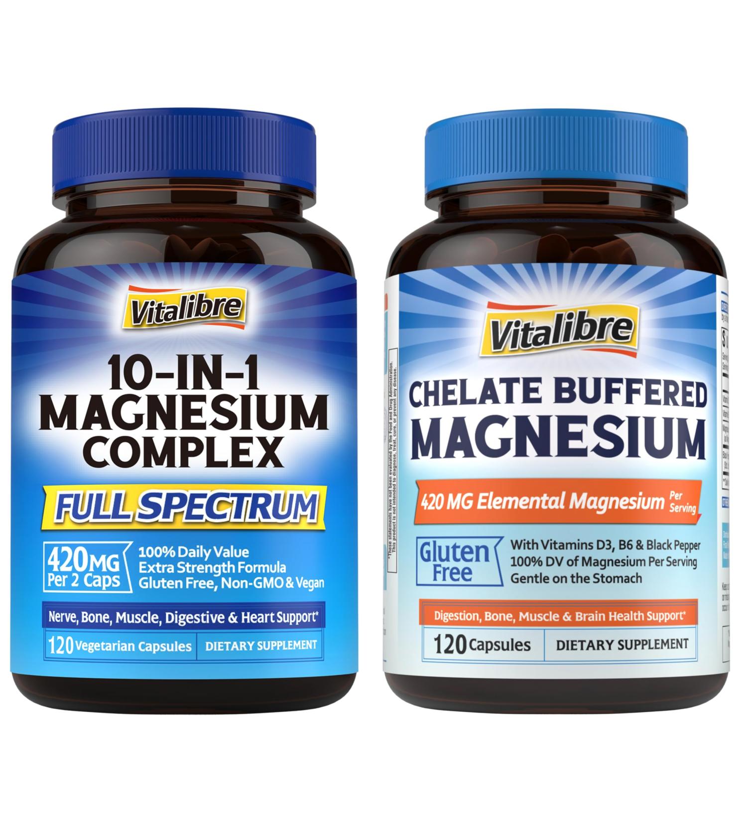 Vitalibre 10 in 1 Magnesium Complex 120 Capsules | Vitalibre Magnesium Citrate 420mg with Vitamin D3 & B6 120 Capsules - Buy Online on GoSupps.com